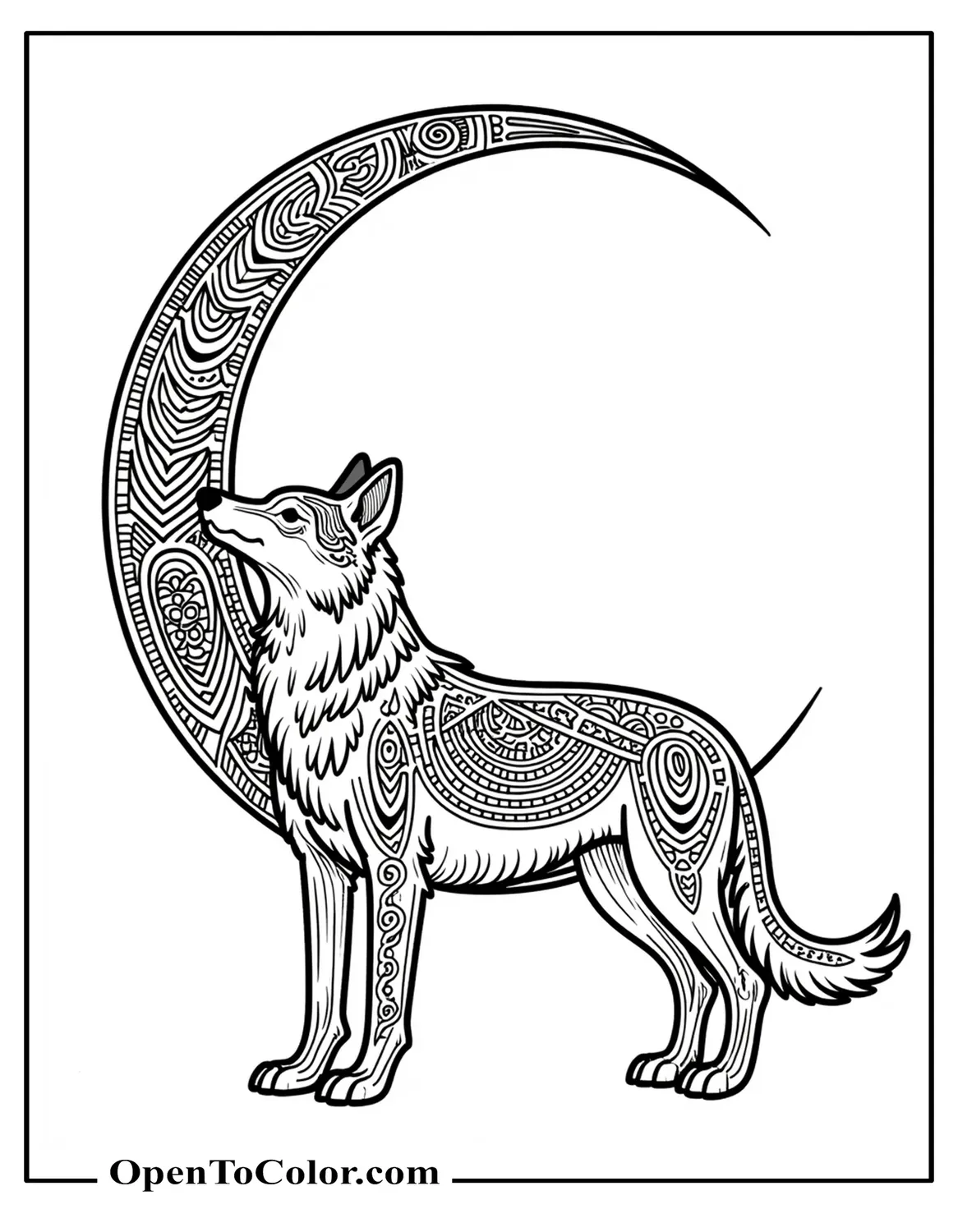 Free Coloring Sheet: Intricate Tribal-Patterned Wolf Stretching Beneath Crescent Arch, Adult Coloring Level Detail