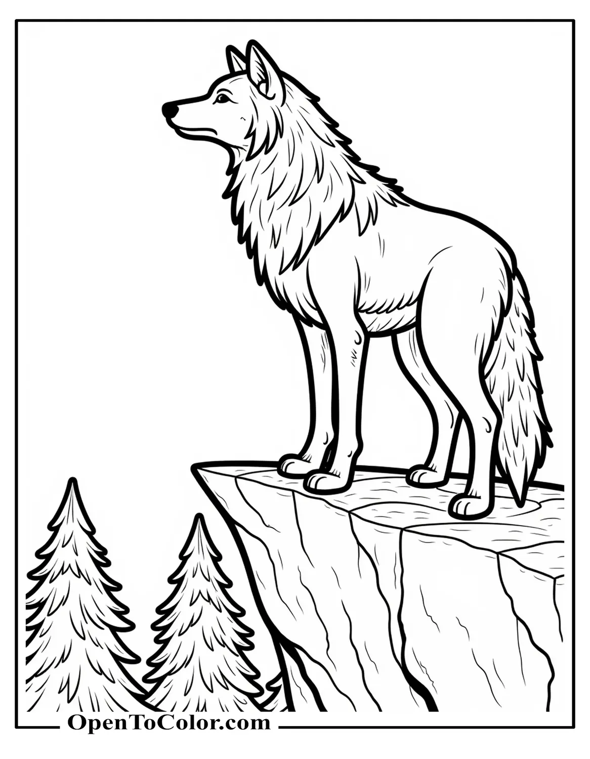 Lone Wolf Standing On Cliff Edge, Tail Raised, Pine Trees Below, Semi‑Realistic Style, Coloring Page PDF