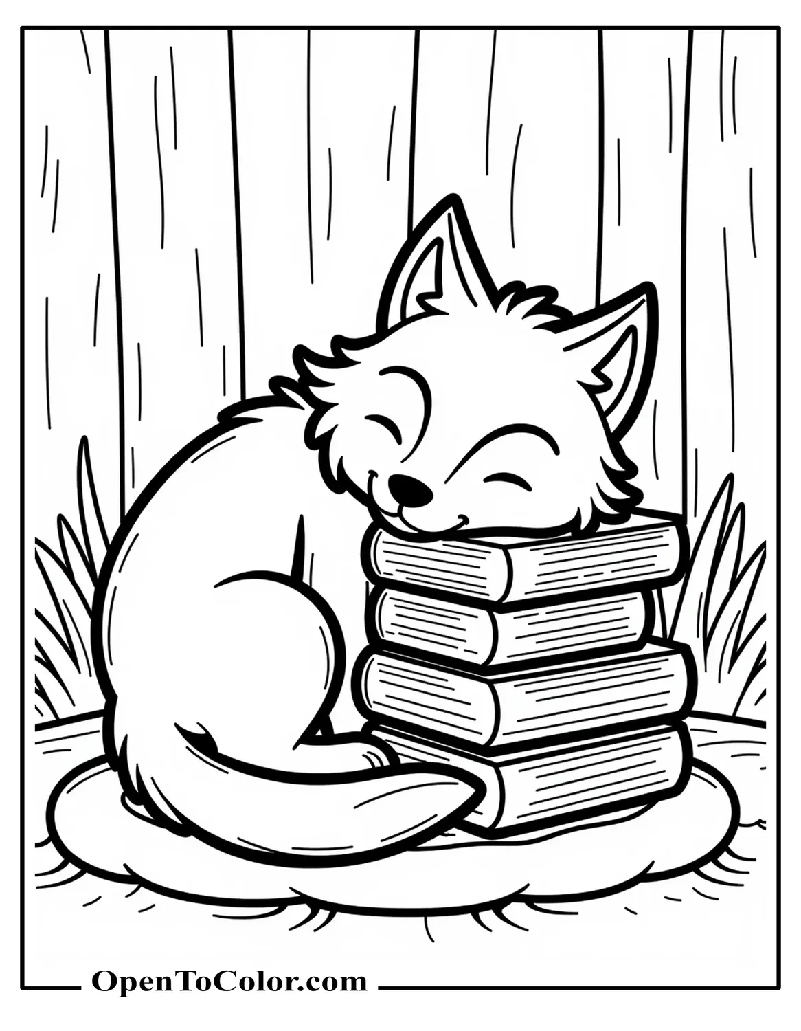 Wolf Curled Around A Stack Of Storybooks Inside Cozy Den, Cartoon Style, Printable Coloring Sheet