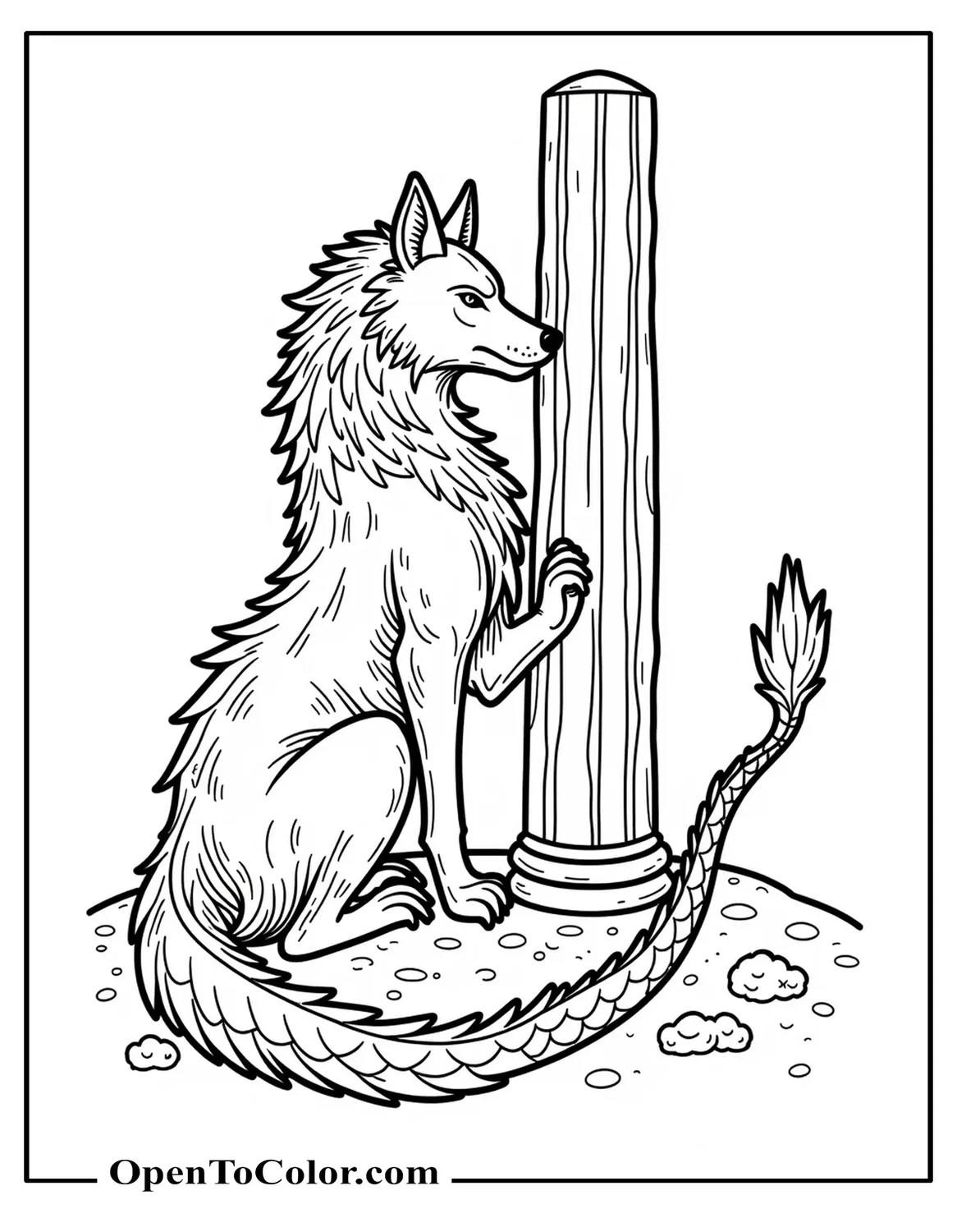 Hybrid Wolf‑Dragon Coloring Sheet PDF With Scaled Tail Coiled Around Ancient Pillar