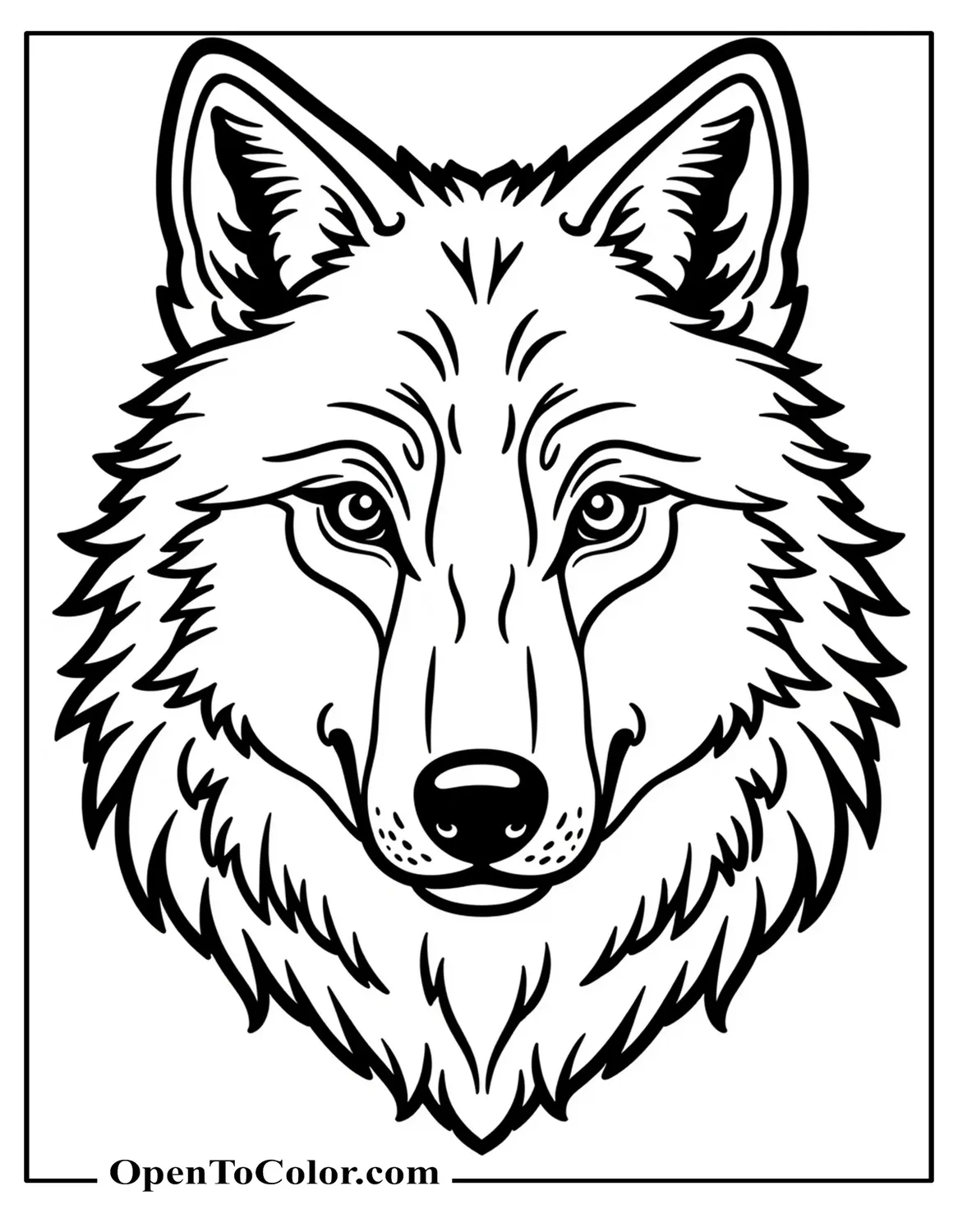 Close‑up Wolf Face, Intense Eyes, Fur Framing Edges, Detailed, Free Coloring Sheet