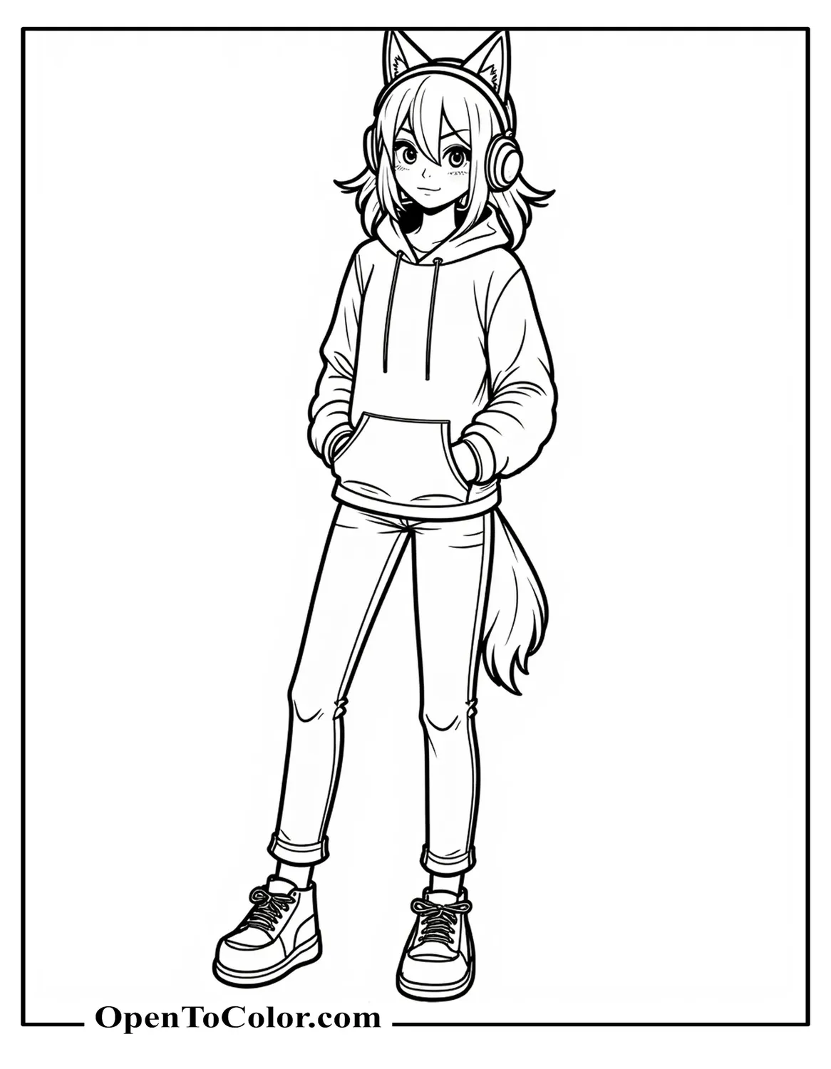 Free Coloring Page of Teenage Wolf Girl in Hoodie and Jeans Listening to Headphones, Anime Style