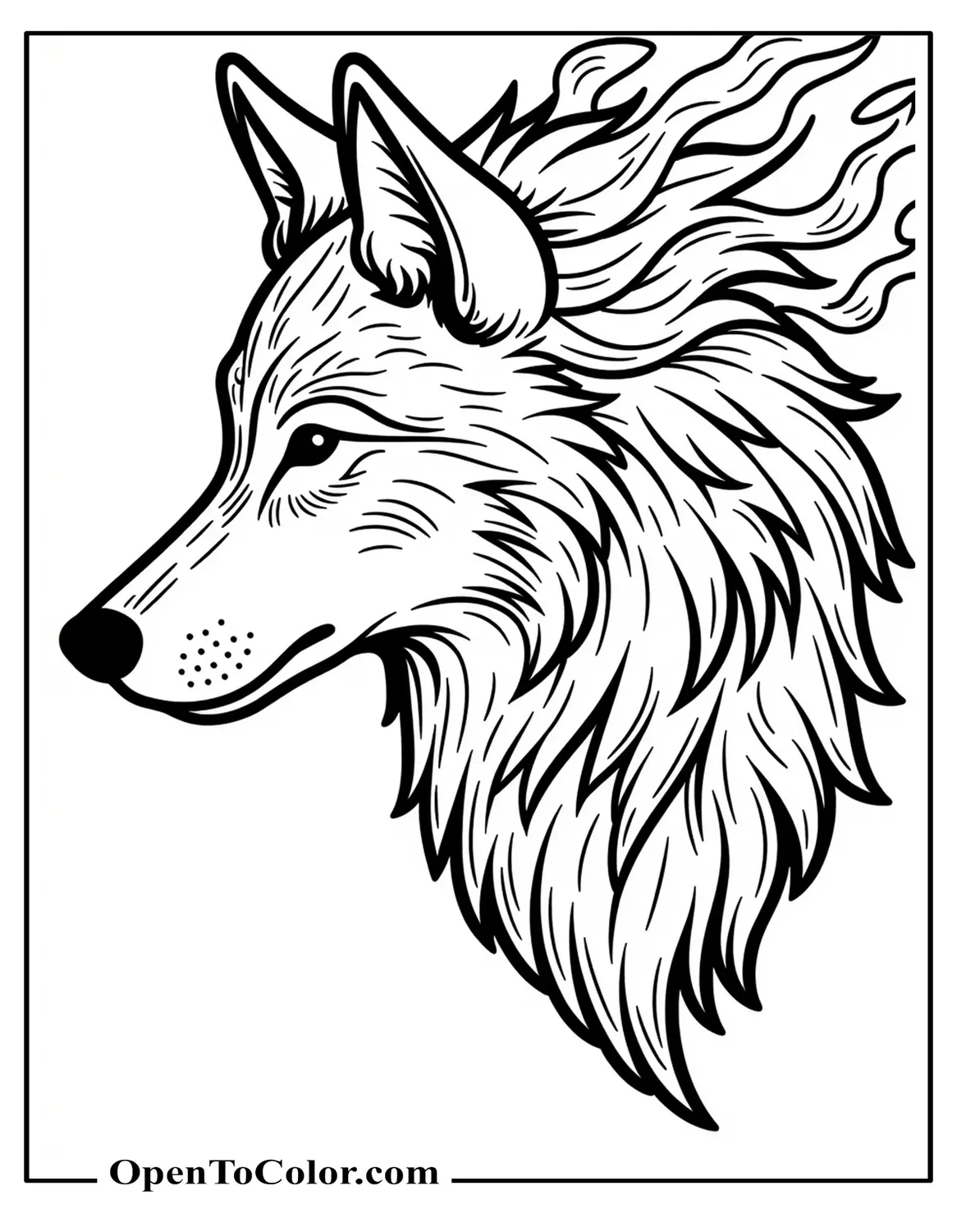 Profile view wolf head with swirling smoke elements coloring page PDF.