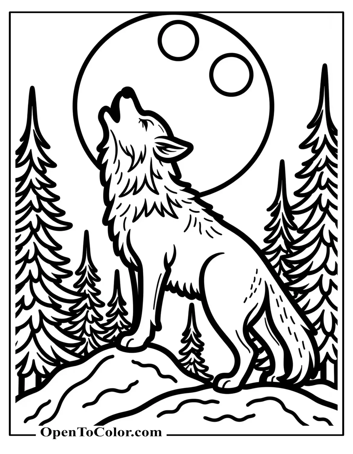 Printable Coloring Page of Silhouetted Wolf Howling at Full Moon, Pine Forest Foreground
