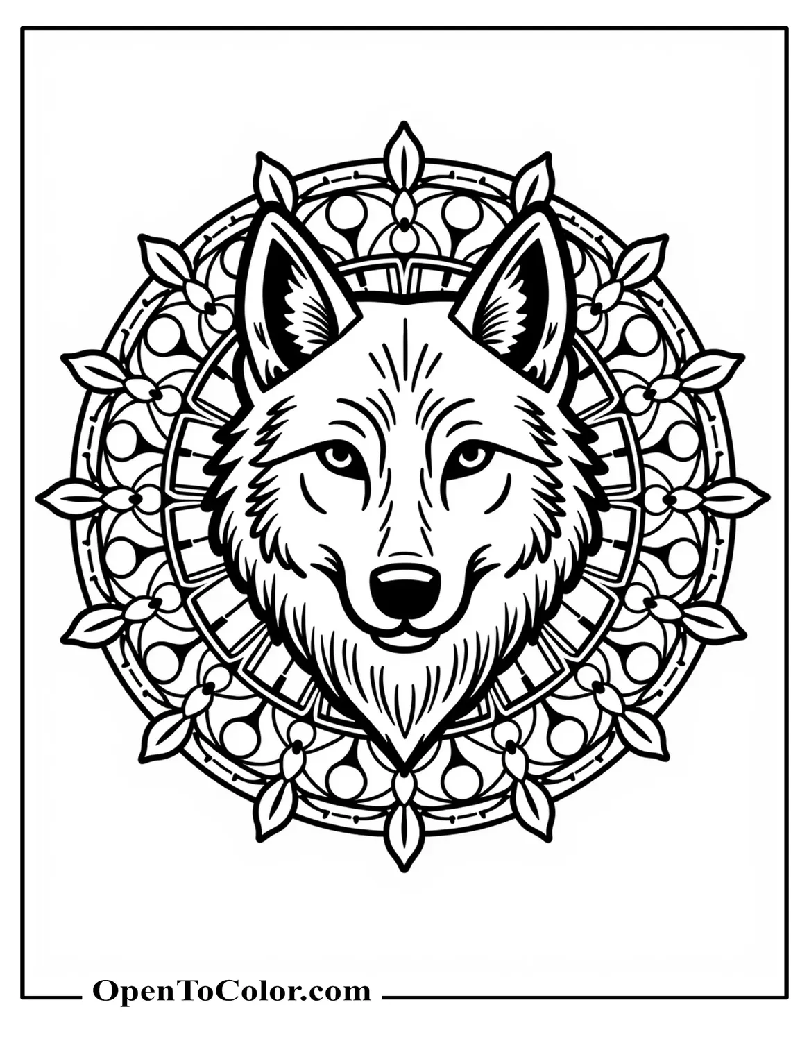 Symmetrical Mandala Coloring Sheet With Wolf Head At Center, Floral And Geometric Motifs, PDF