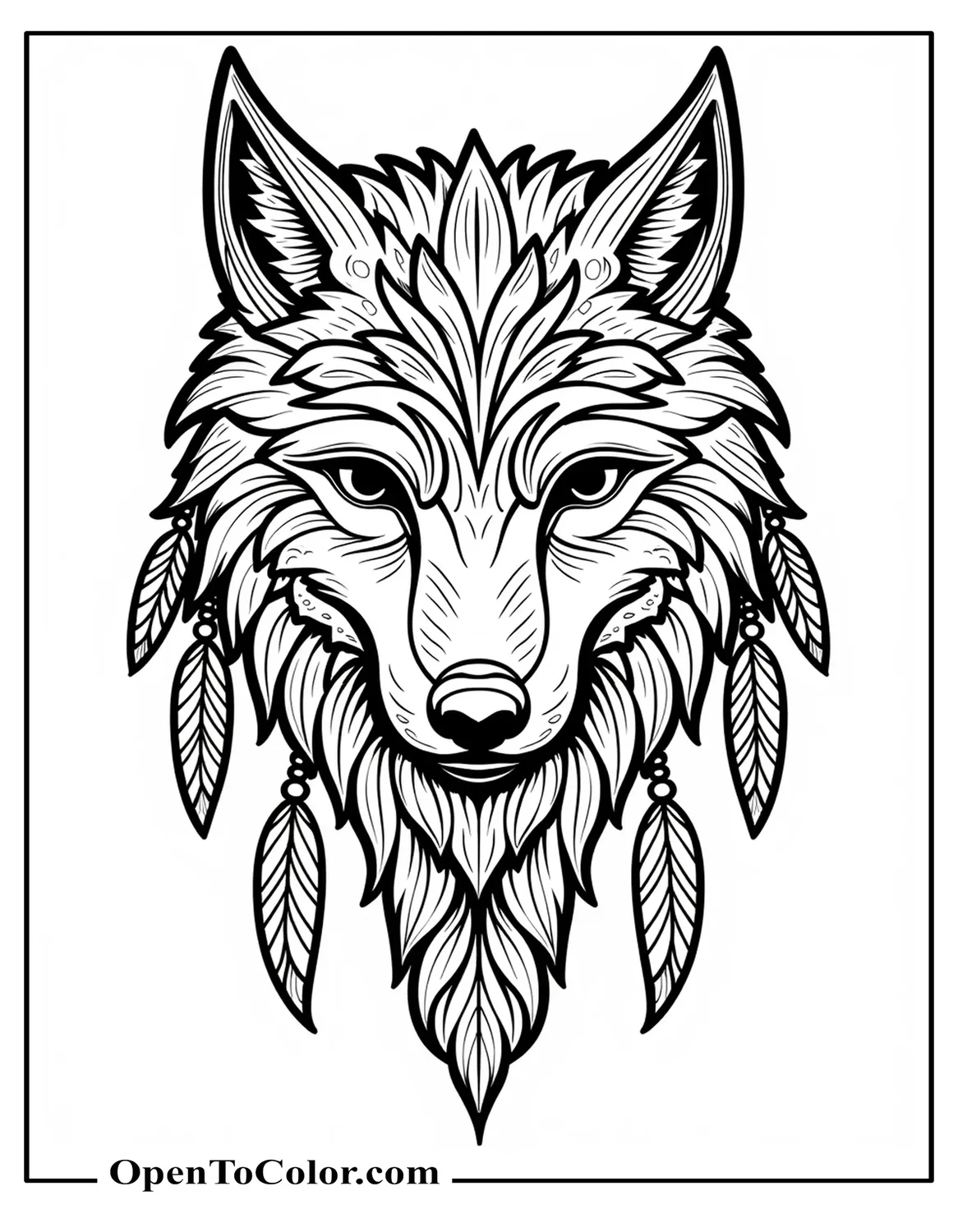 Printable Coloring Page of Ornate Wolf Mask with Tribal Feathers and Beads, Front View