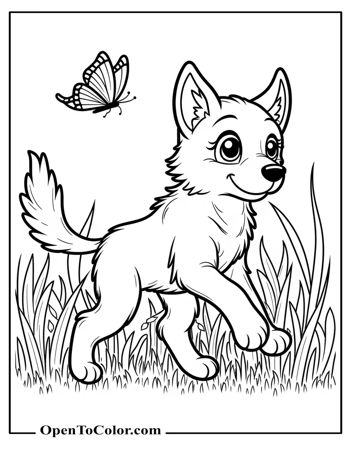 Playful Wolf Pup Chasing Butterfly Through Meadow Coloring Sheet PDF