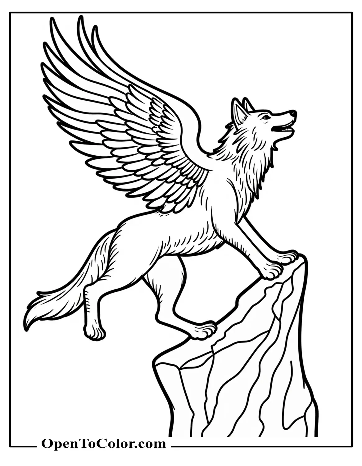 Free Fantasy Style Coloring Page of Winged Wolf Landing on Cliff, Feathers Spread Wide
