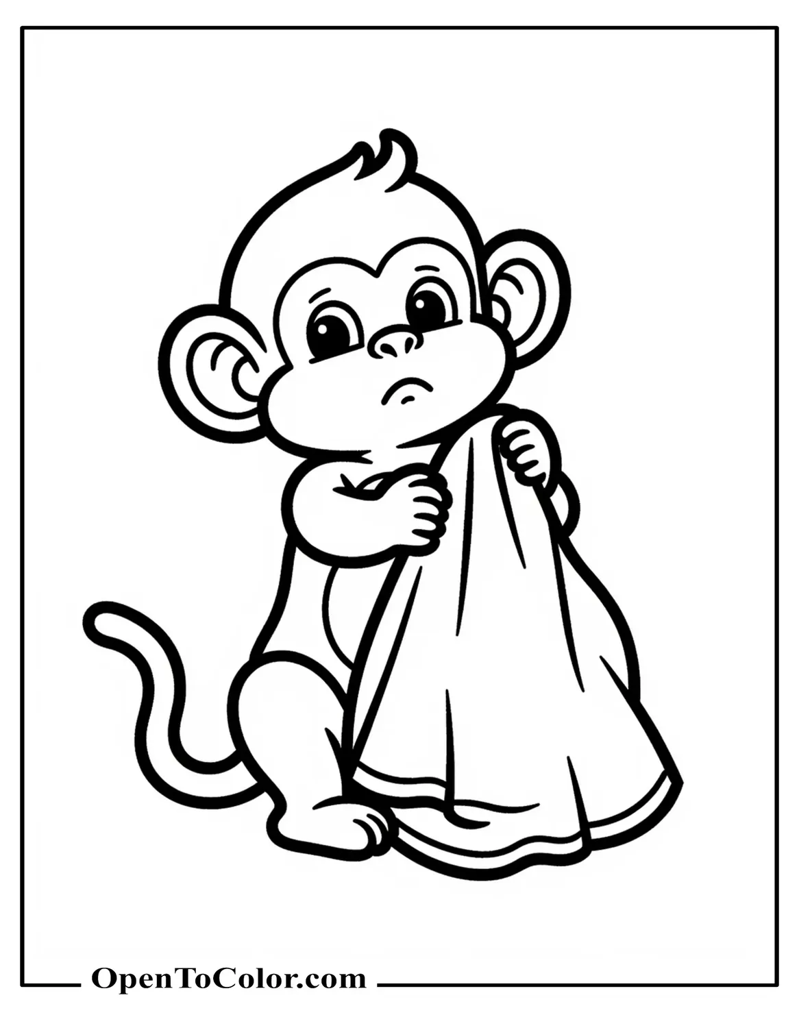 Free coloring page of a worried baby monkey clutching a small blanket looking up.