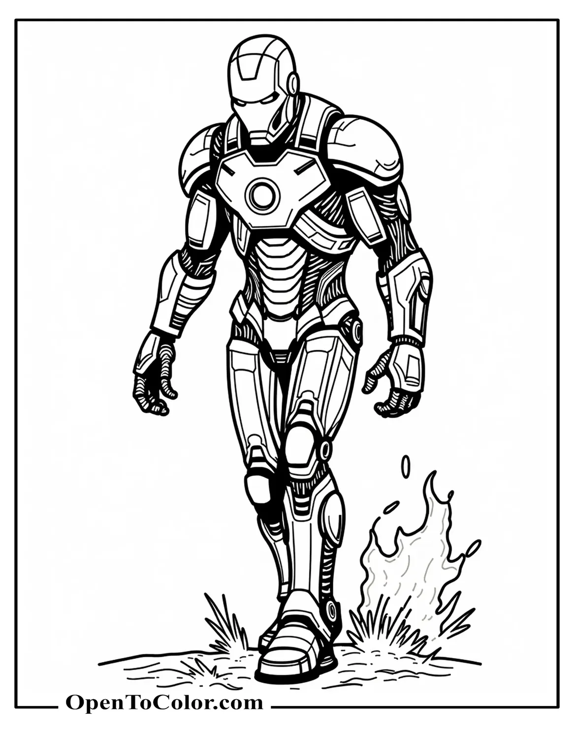 Printable Coloring Page of Tattered Zombie Iron Man Armor With Exposed Wires Shambling Forward