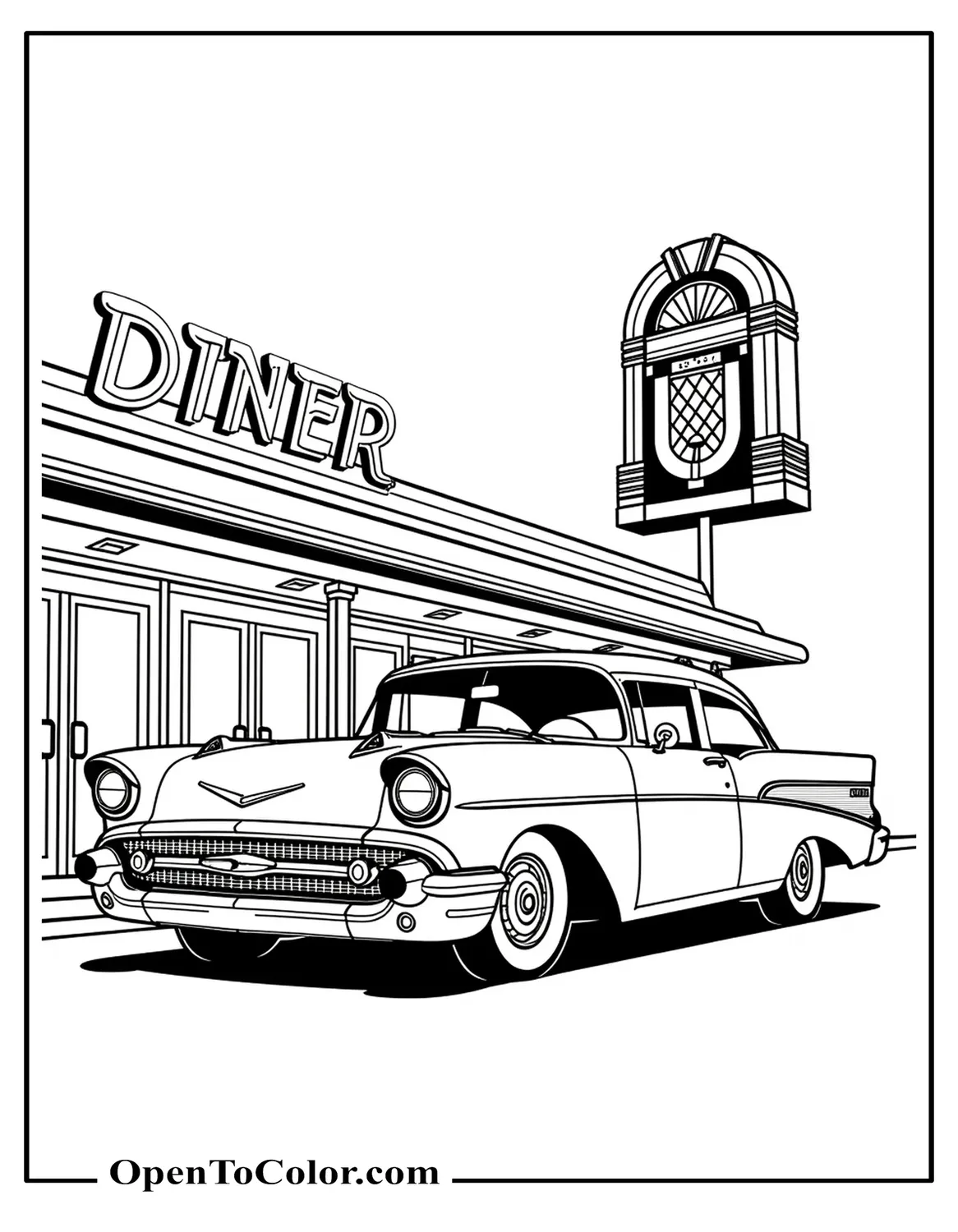 1950s Finned Sedan At A Diner With A Neon Jukebox Sign Coloring Page PDF