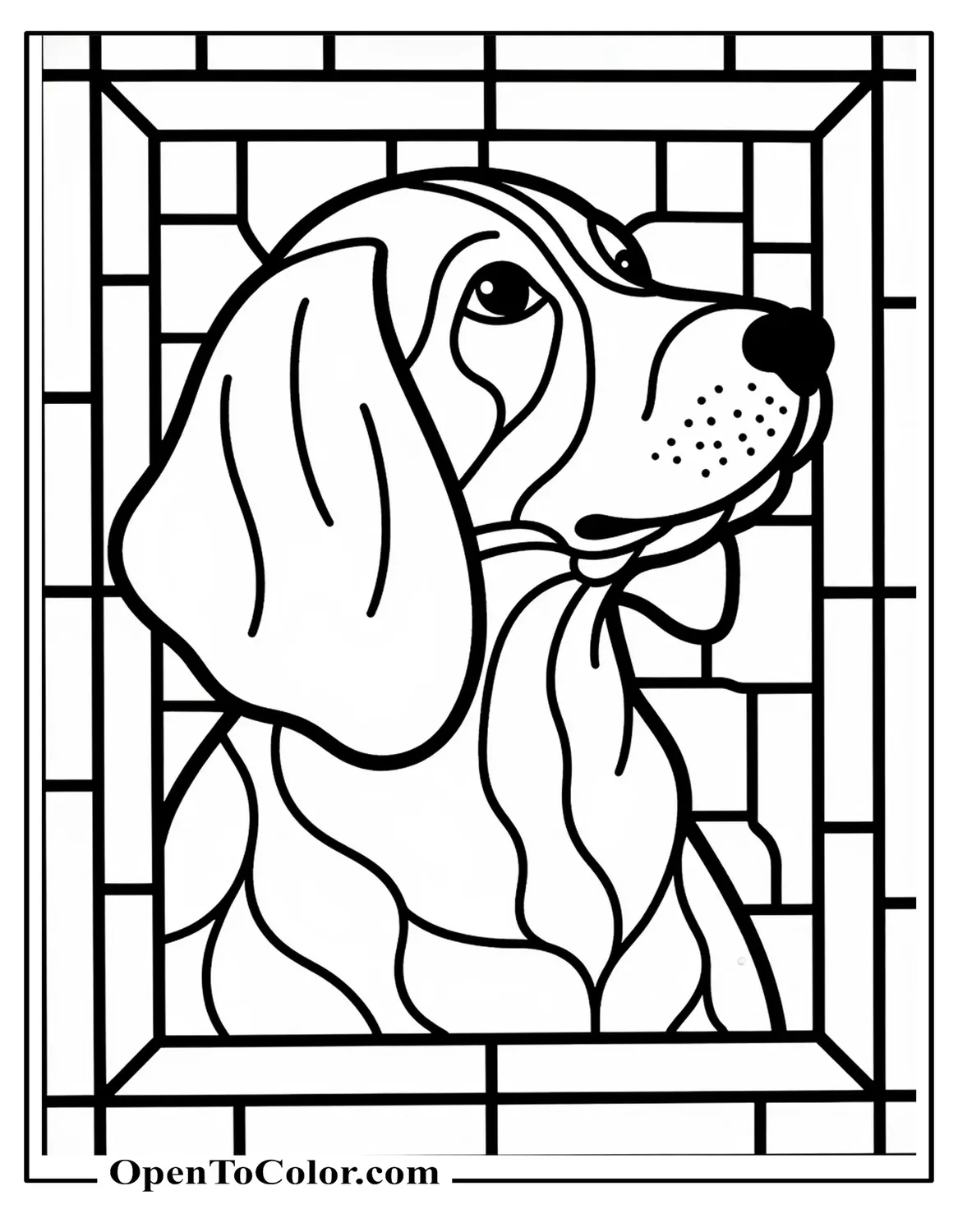 Beagle head in profile inside a stained-glass mosaic pattern with bold segment lines, printable coloring sheet.