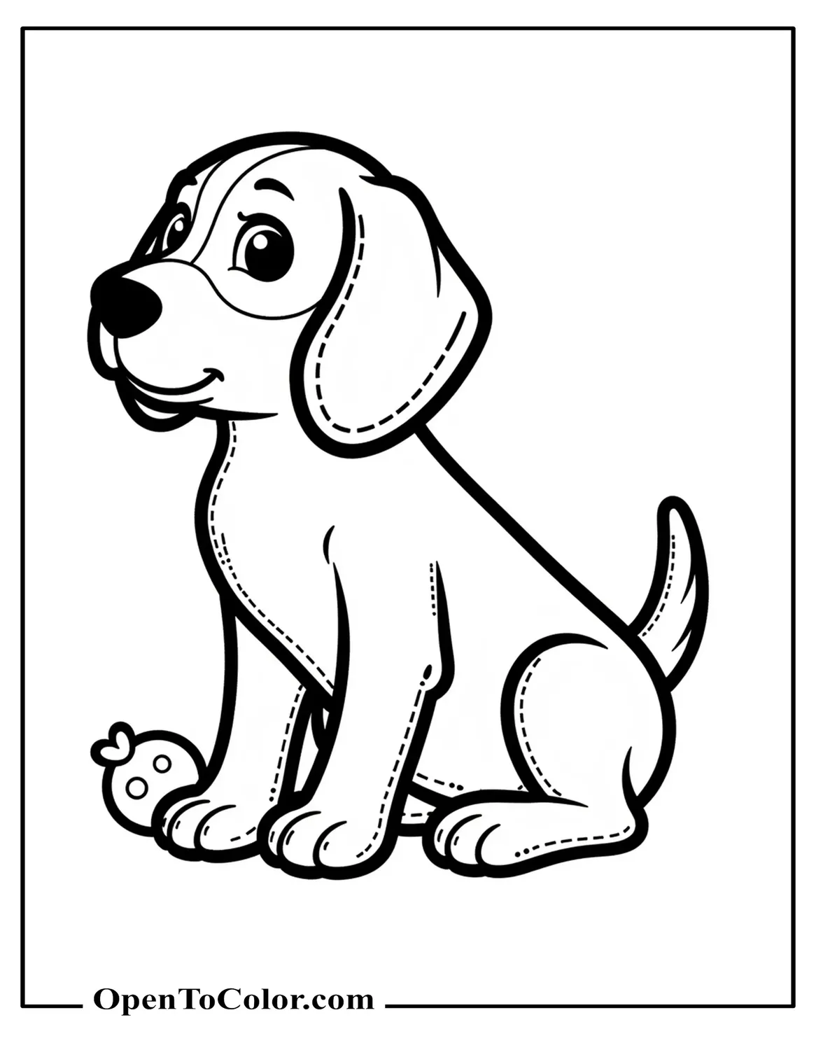Beagle Puppy Sitting With One Ear Flipped And A Chew Toy Beside Its Paw, Printable Coloring Sheet
