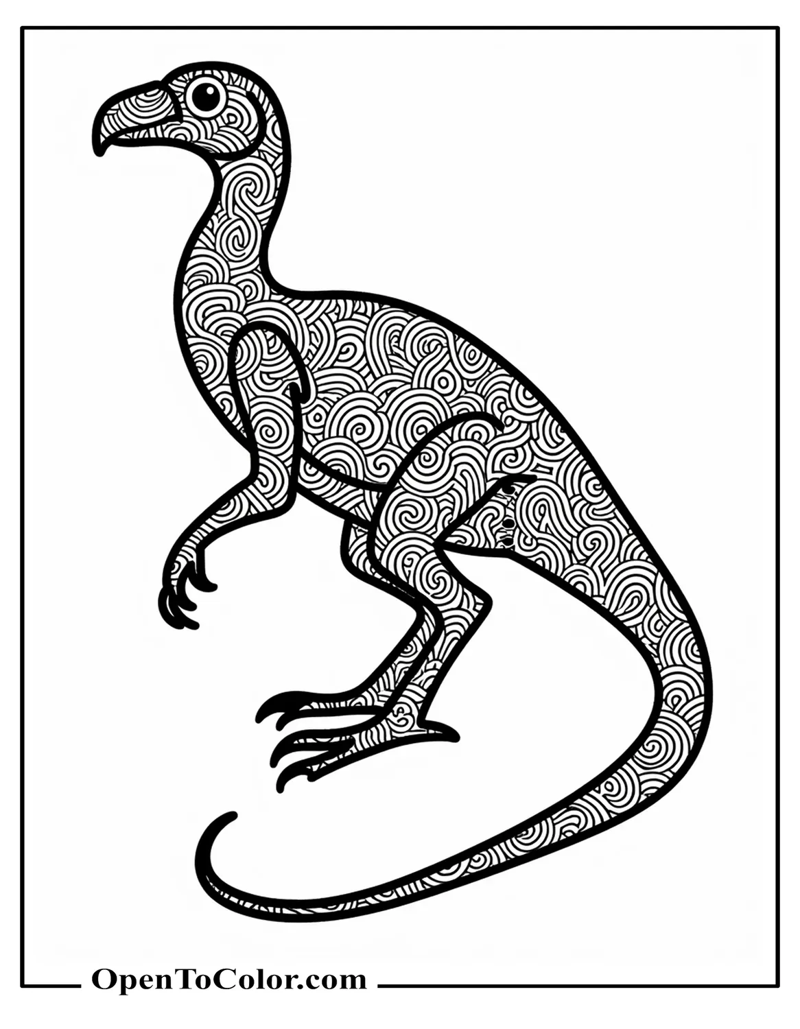 Raptor silhouette coloring sheet filled with complex zentangle patterns, PDF.