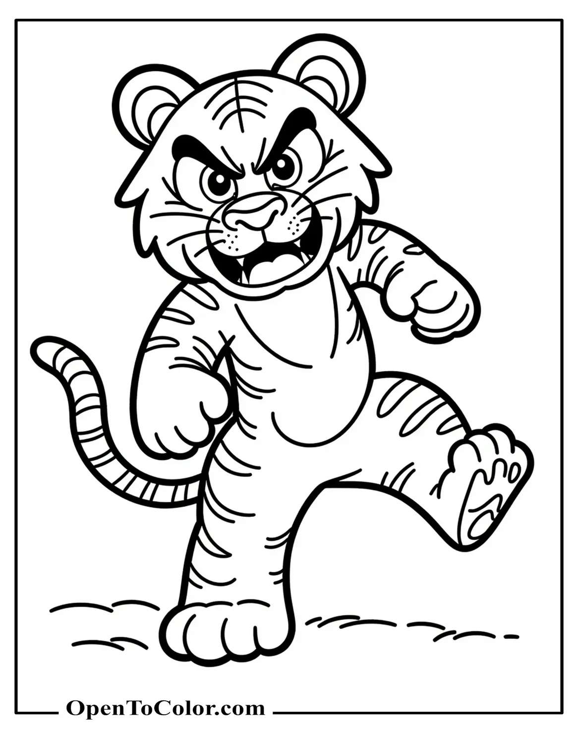 Free Coloring Page of an Angry Tiger Stomping One Paw, Eyebrows Tilted