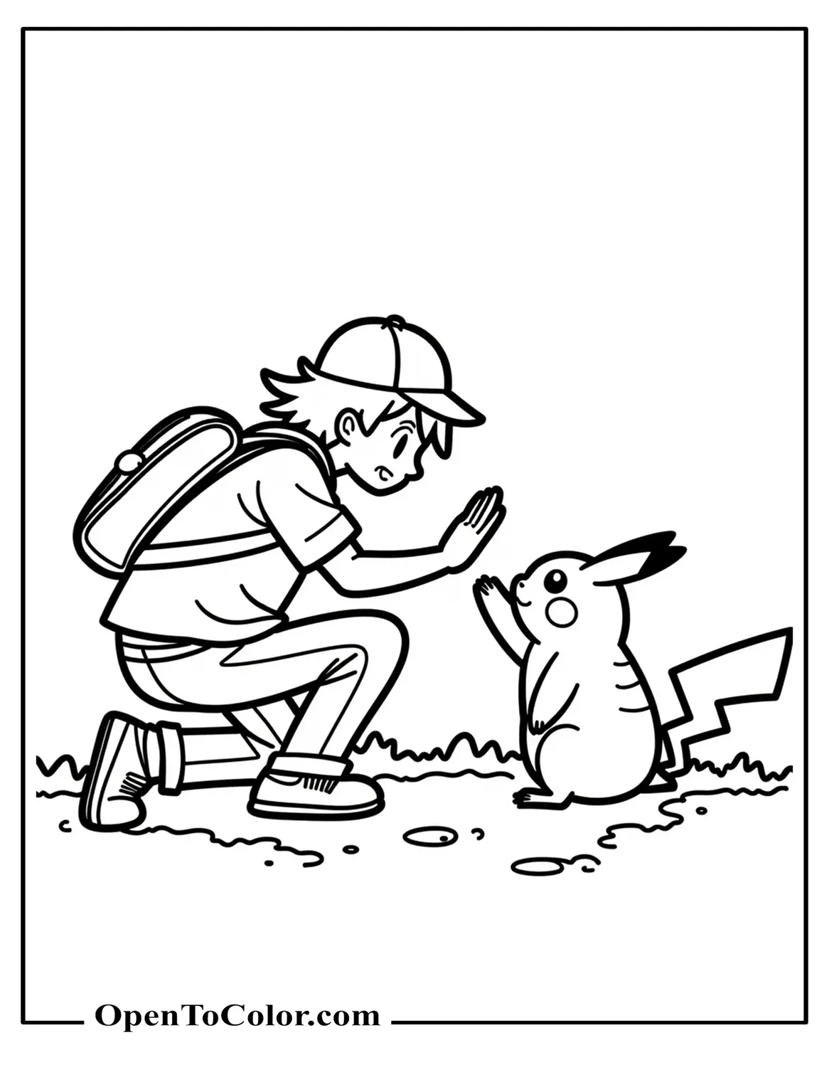 Ash kneeling to high five Pikachu backpack silhouette and path behind coloring page printable.