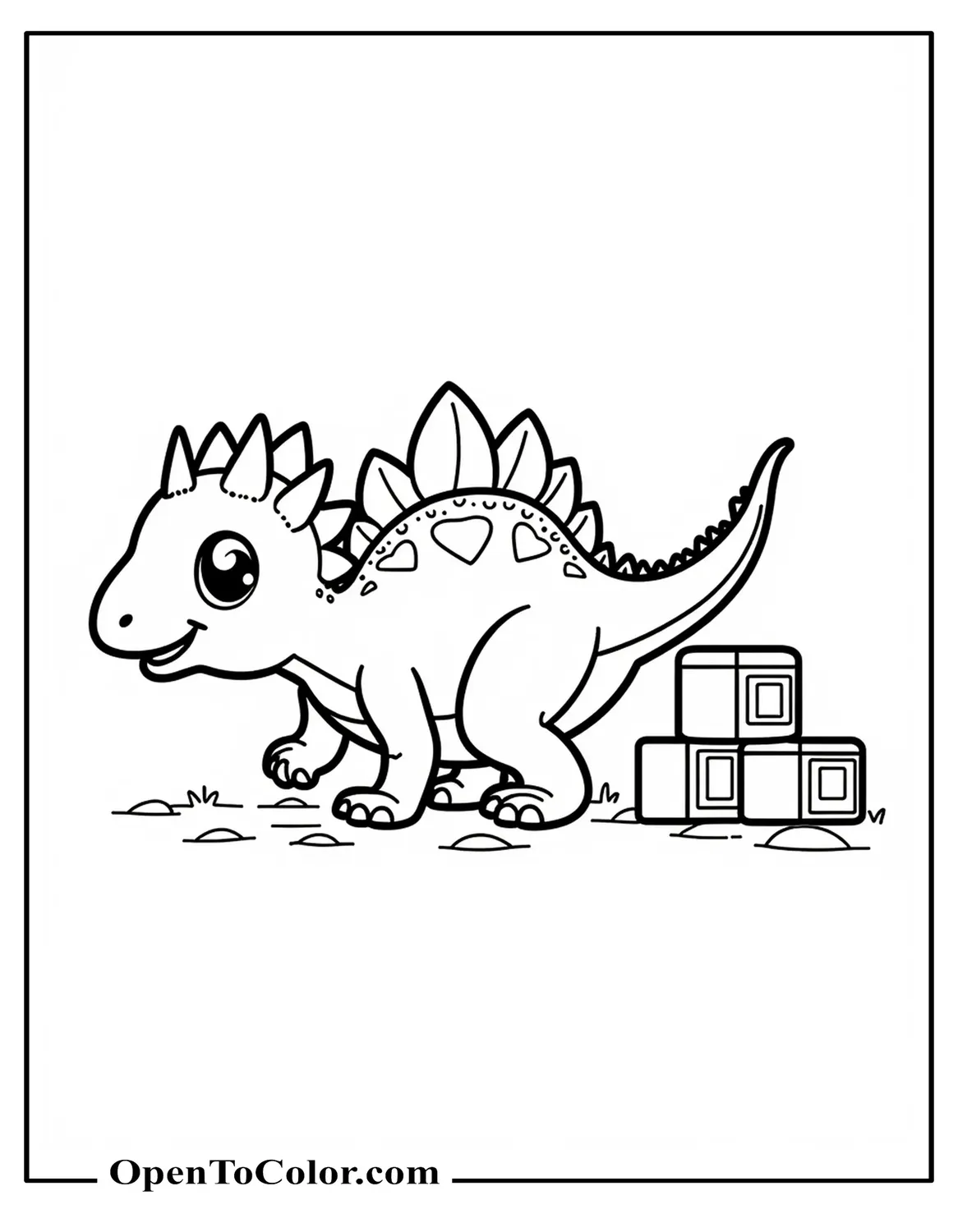 Baby Stegosaurus Crawling Next To Toy Blocks Coloring Page PDF