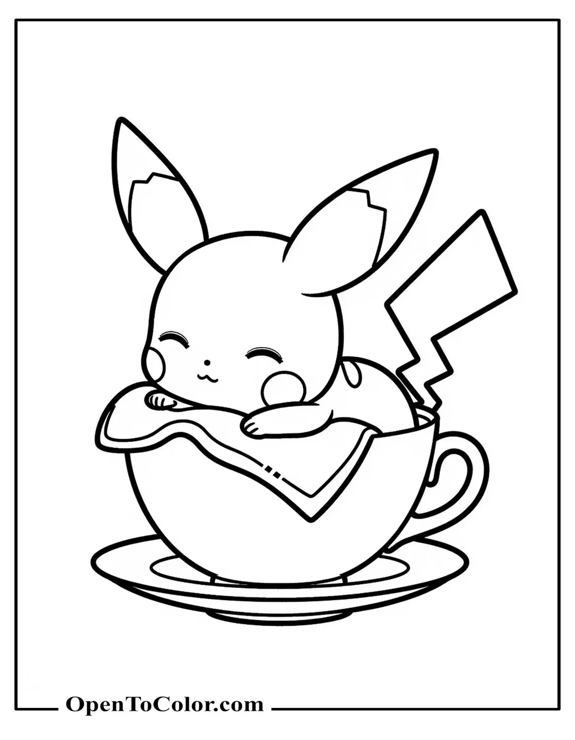 Printable Coloring Sheet of Baby Pikachu Curled Up Asleep in a Teacup with a Tiny Blanket