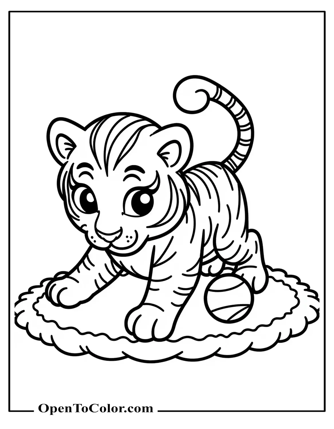 Printable Coloring Sheet of Baby Tiger Crawling Toward a Toy Ball on a Soft Rug