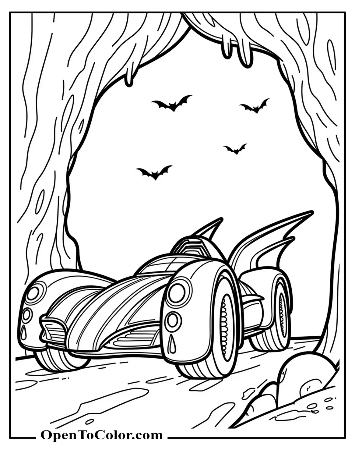 Printable Coloring Page of a Long Low Batmobile at a Cave Entrance with Stalactites and Bat Silhouettes