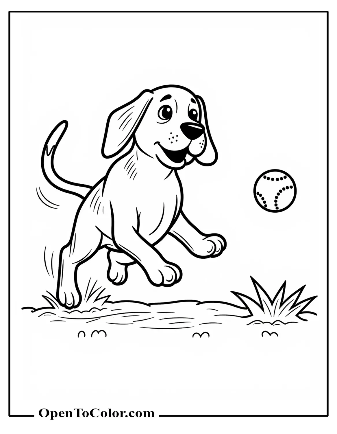 Free Coloring Sheet: Beagle Mid-Leap Catching a Ball with Motion Lines and a Short Grass Patch