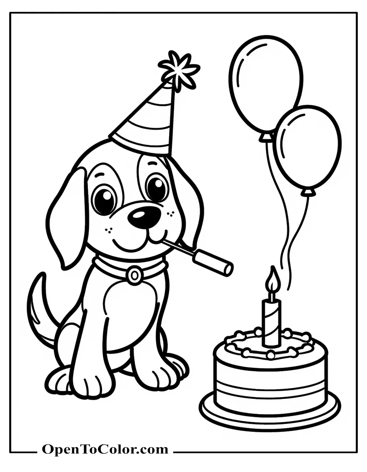 Cute Beagle Wearing A Party Hat Blowing A Party Whistle Beside A Small Cake With One Candle And Two Balloons, Printable Coloring Page