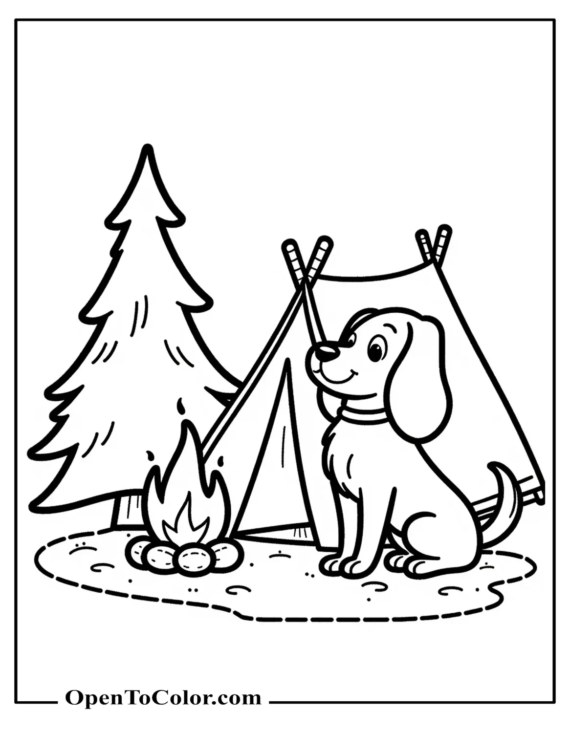 Beagle next to a small tent with a tiny campfire and a pine tree silhouette coloring sheet PDF.