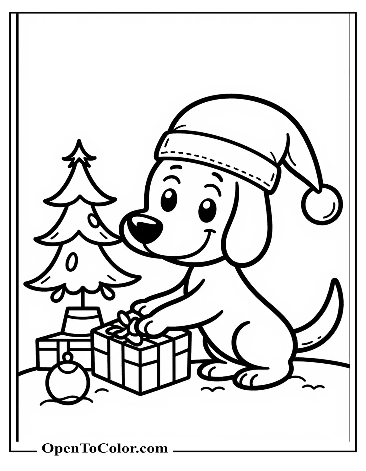 Free Coloring Page of Cute Beagle Wearing Santa Hat Pawing a Wrapped Gift Beside a Small Pine Tree and a Hanging Ornament