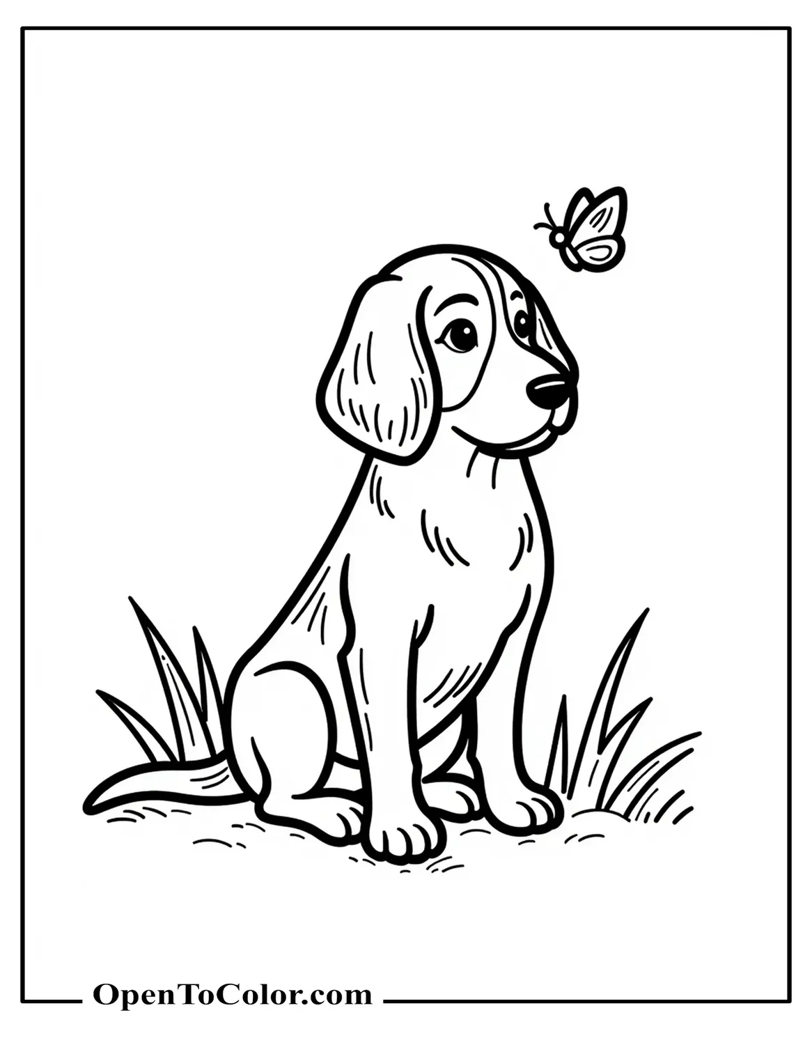 Beagle sitting three-quarter view on short grass with a tiny butterfly nearby coloring page PDF