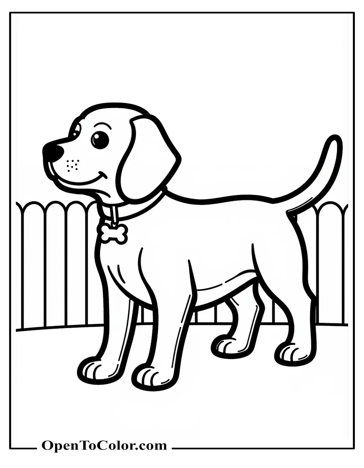 Printable Coloring Sheet of a Beagle Standing Side View Wearing a Collar with Bone Tag in Front of a Low Picket Fence
