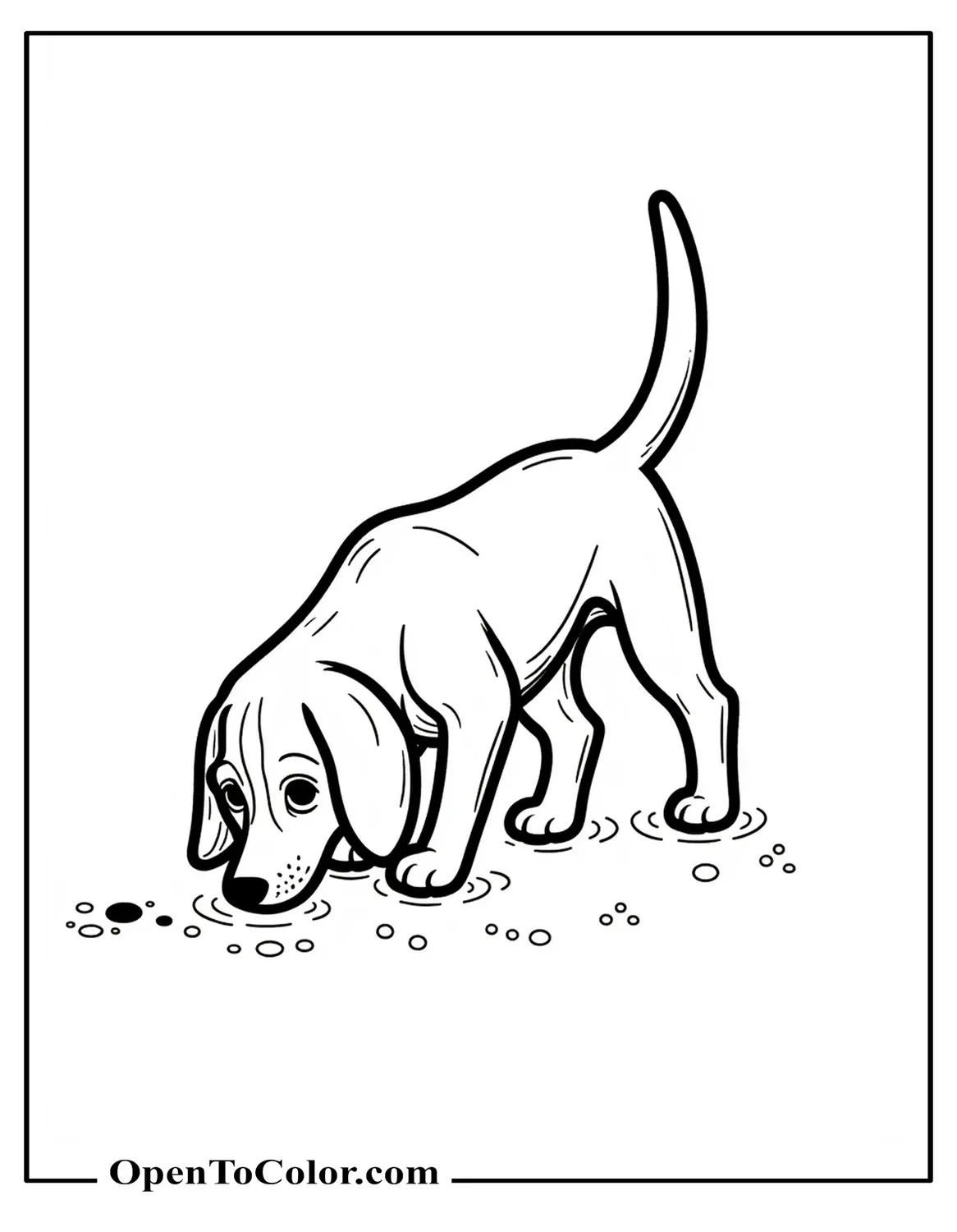 Free Coloring Page of a Beagle Sniffing the Ground with One Paw Lifted and a Short Pawprint Trail Ahead