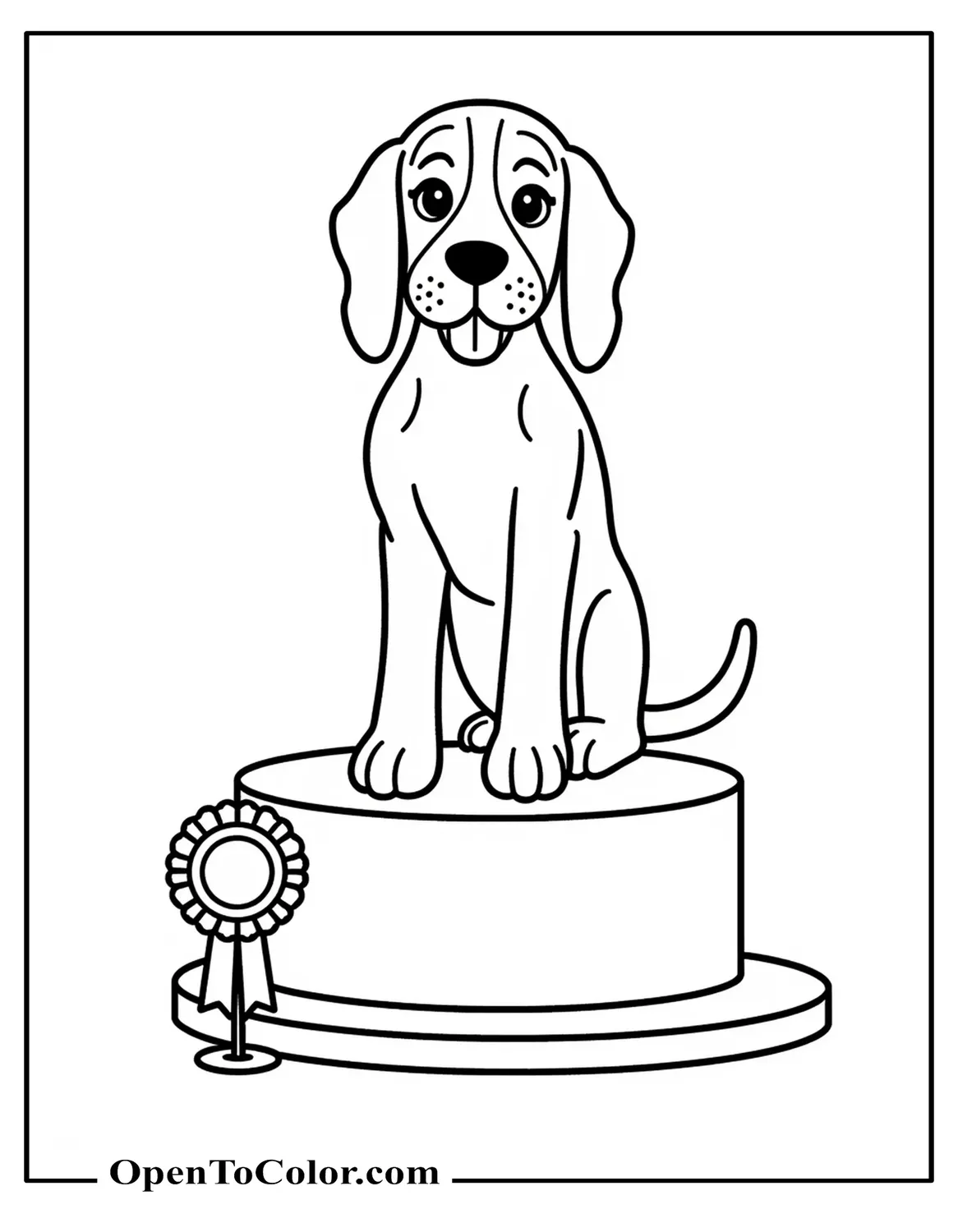Printable Coloring Page of Beagle in Stacked Show Pose on a Small Podium, Ribbon Rosette on a Stand Nearby