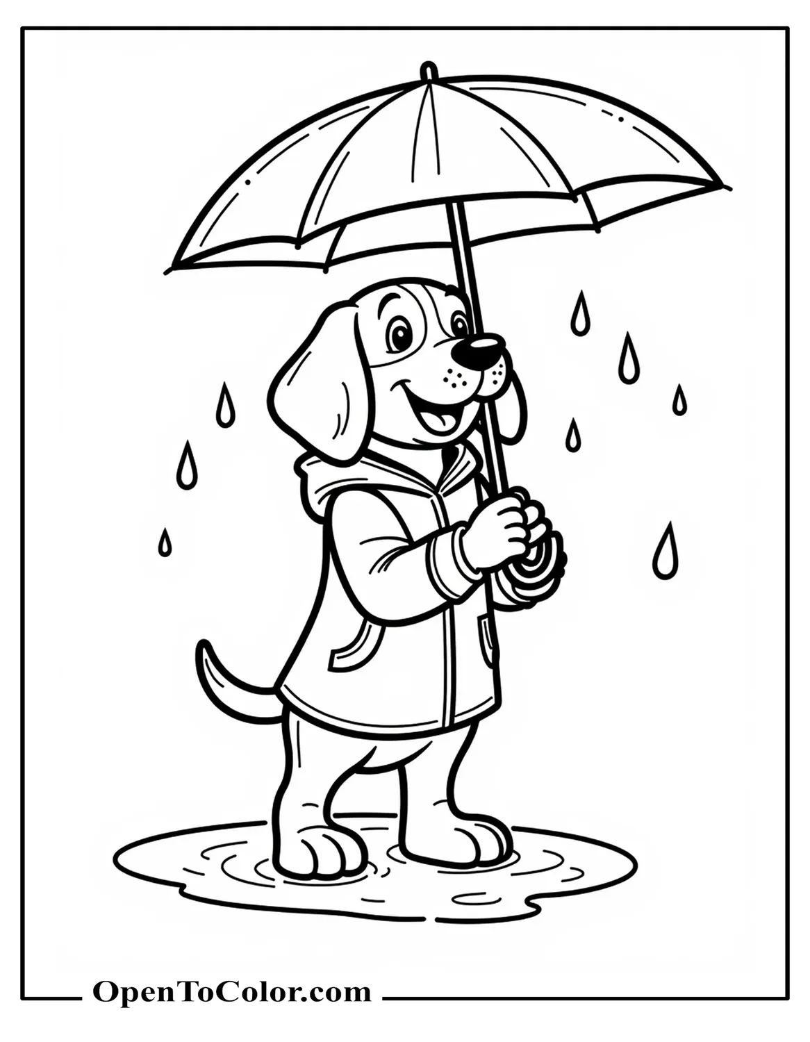 Free Coloring Sheet of a Beagle in a Raincoat Holding an Umbrella Handle in Its Mouth Standing in a Puddle with Falling Raindrops
