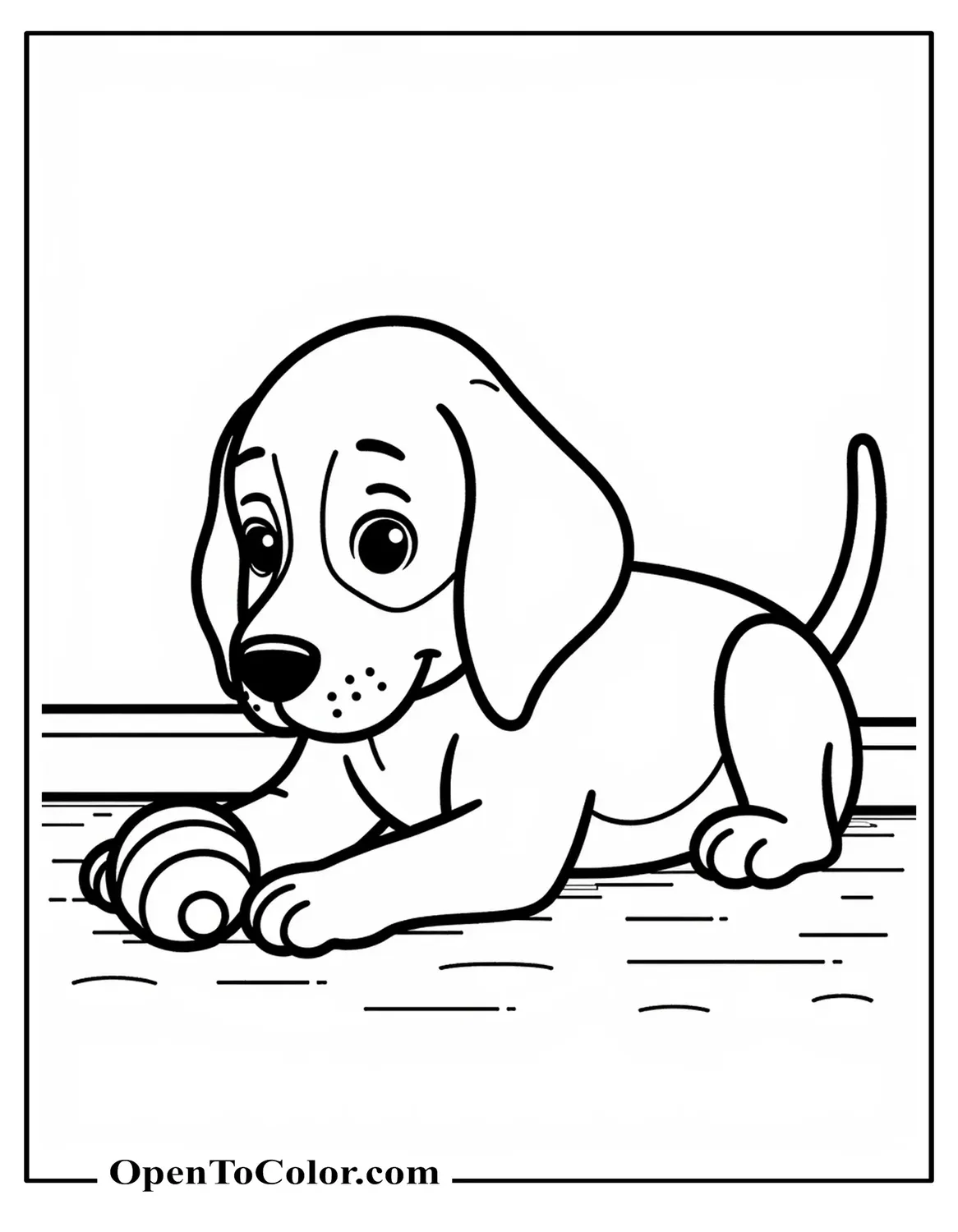 Free Coloring Sheet of Beagle Lying Down with Paws Crossed Next to a Small Ball on a Floor Line