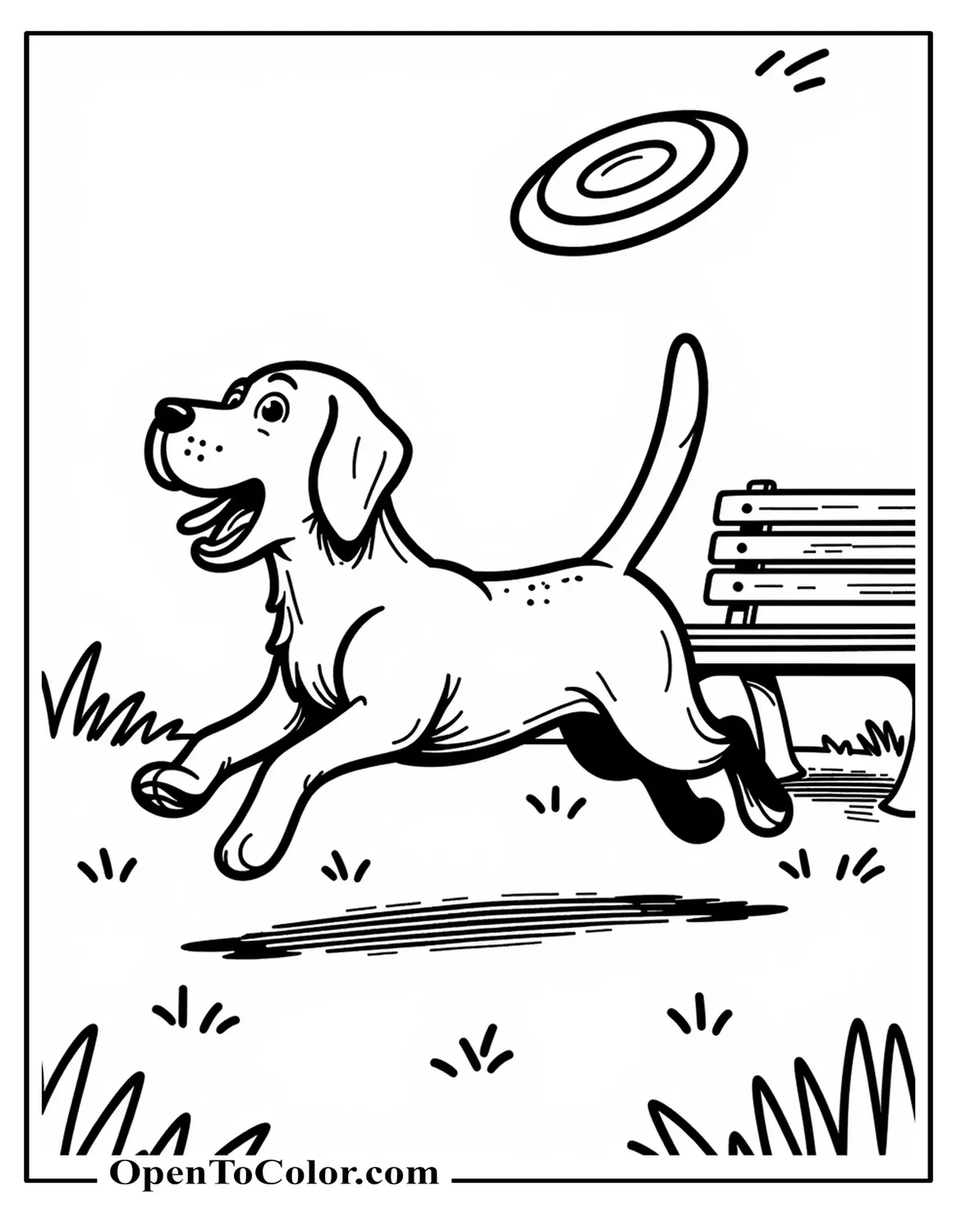 Free coloring page of a Beagle chasing a flying frisbee near a park bench and a short tree trunk.