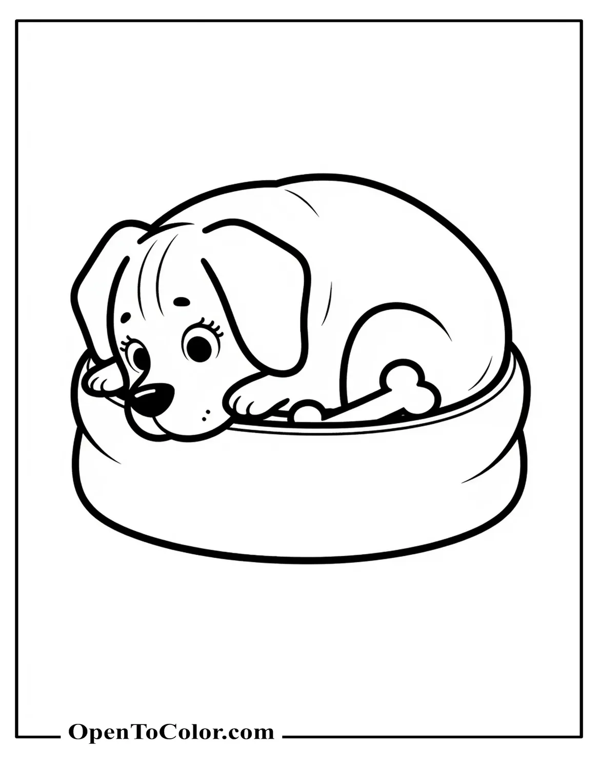 Chibi Beagle Puppy Curled In A Round Dog Bed With A Plush Bone Beside The Paw Coloring Page Printable