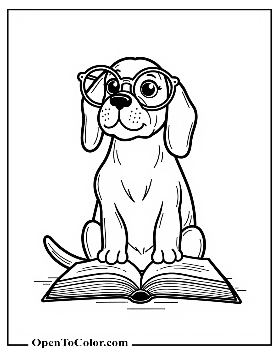 Free Coloring Page of Beagle with Oversized Round Glasses Sitting Upright with an Open Book and a Simple Floor Line