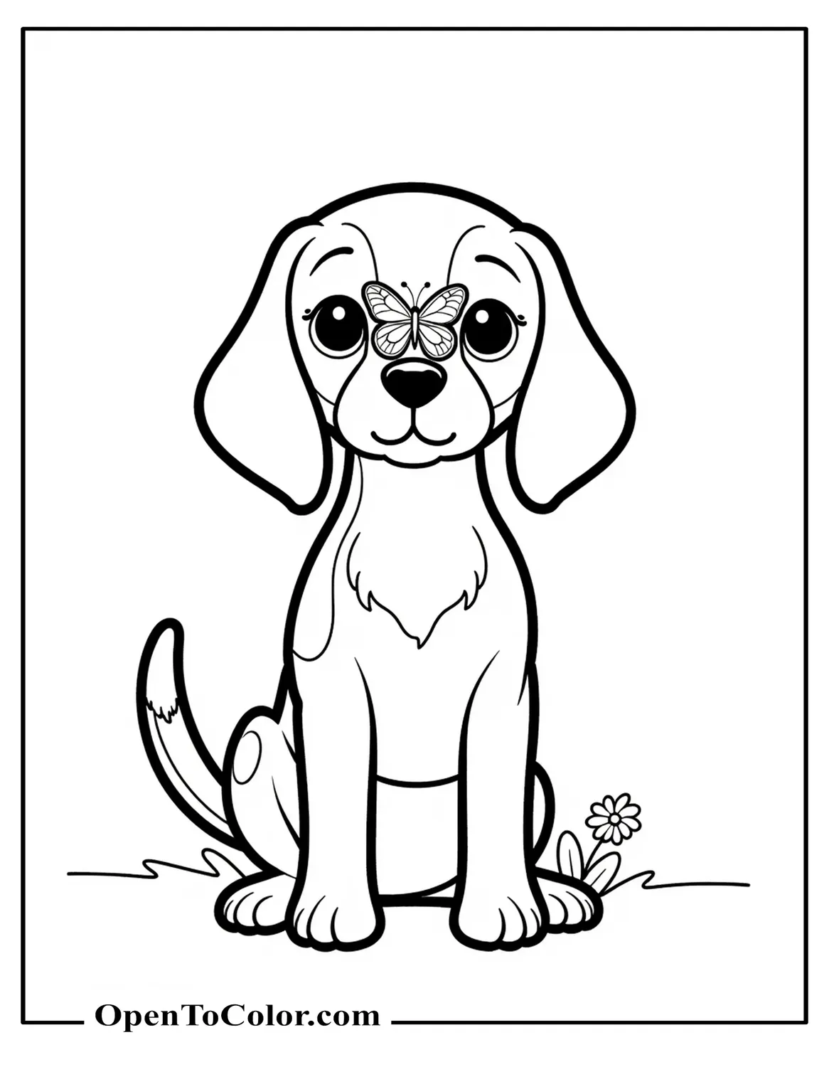 Realistic Beagle Coloring Sheet Sitting Calmly With A Butterfly On Its Nose And A Single Printable Flower Stem
