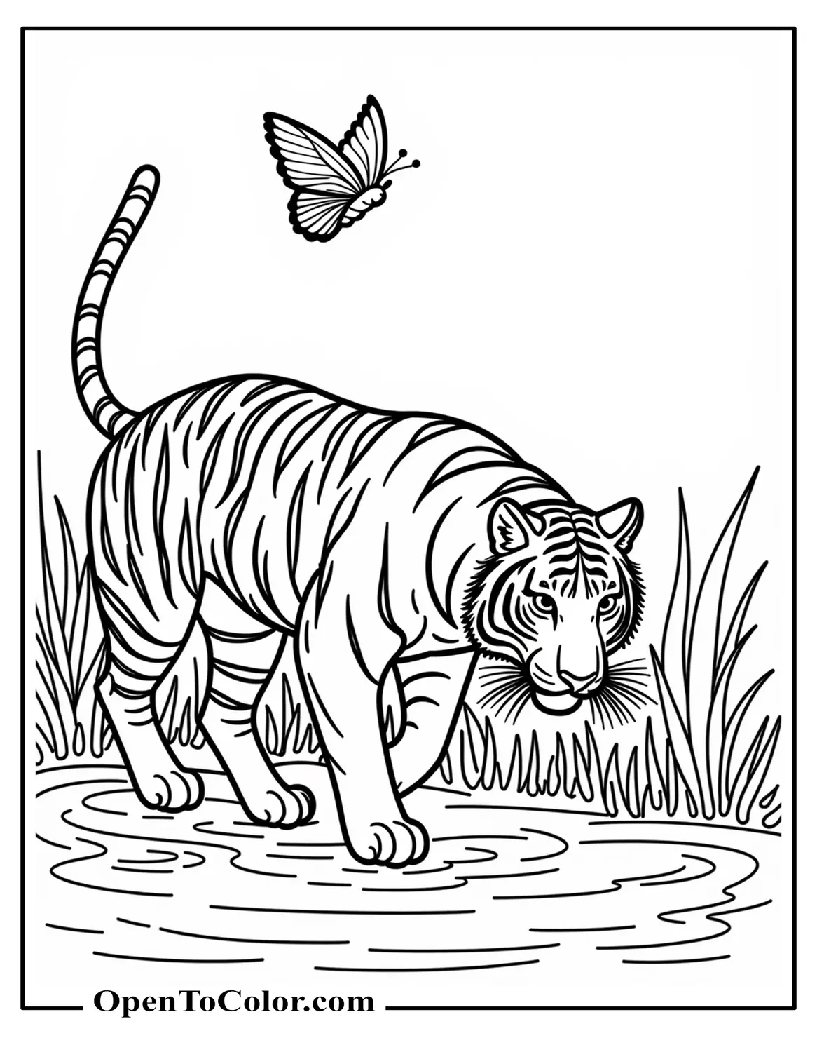 Free Coloring Sheet of a Bengal Tiger Stalking Through Reeds With a Butterfly Above