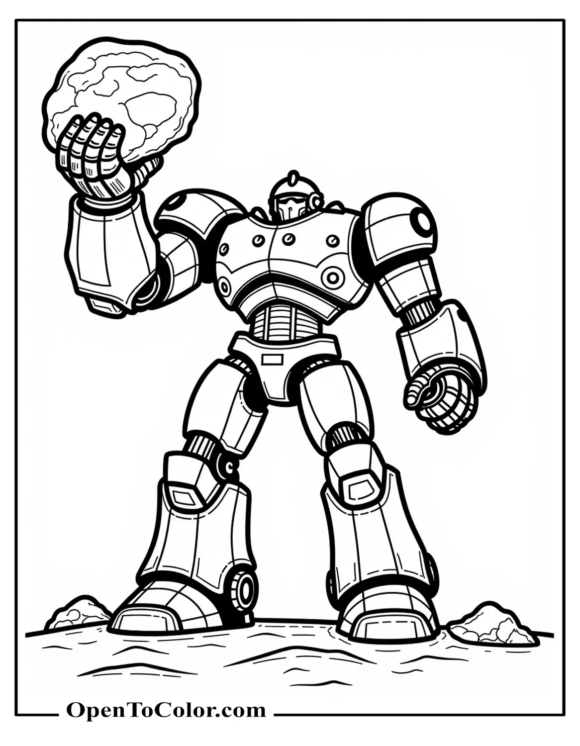 Printable Coloring Sheet of a Massive Big Robot Lifting a Boulder High Above Its Head