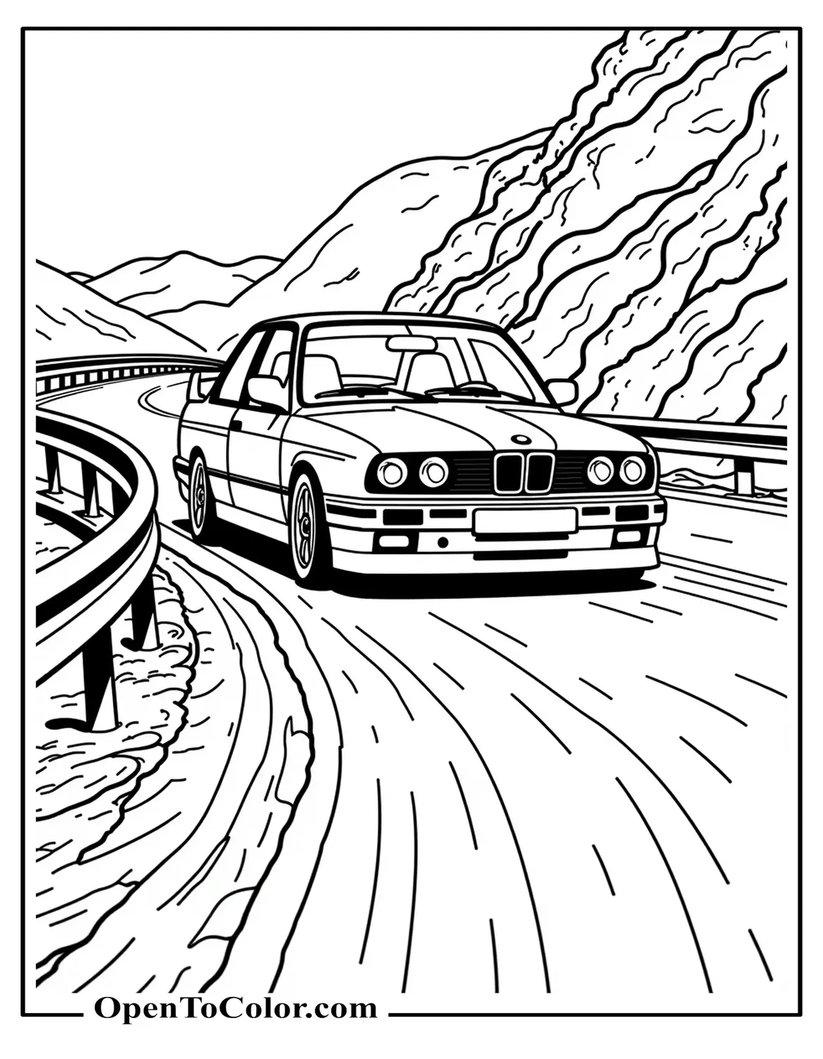 BMW M3 E30 coloring page tackling a mountain hairpin with guardrail, printable.