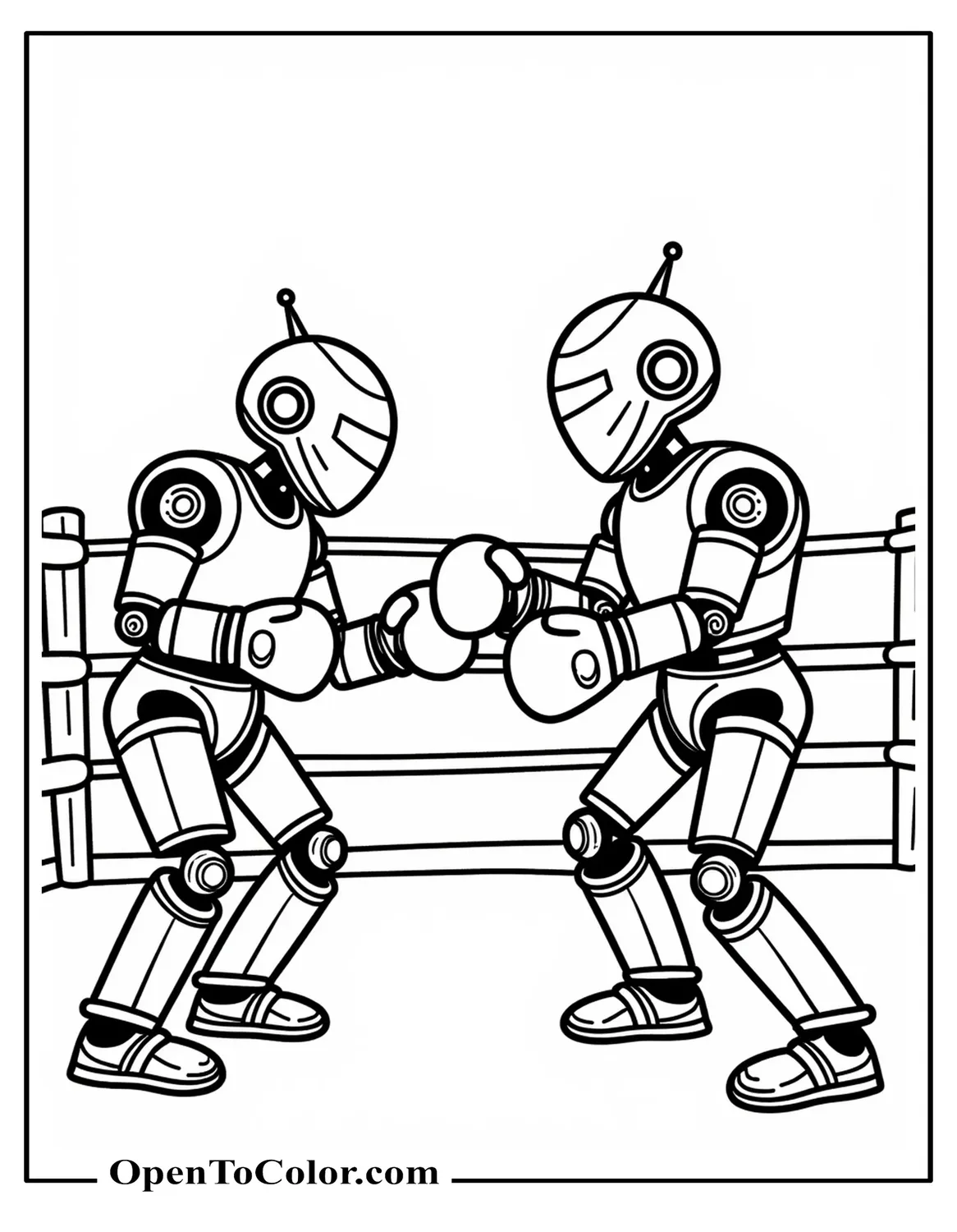 Coloring Page PDF of Boxing Ring Scene with Glove-Wearing Robot Ready to Fight