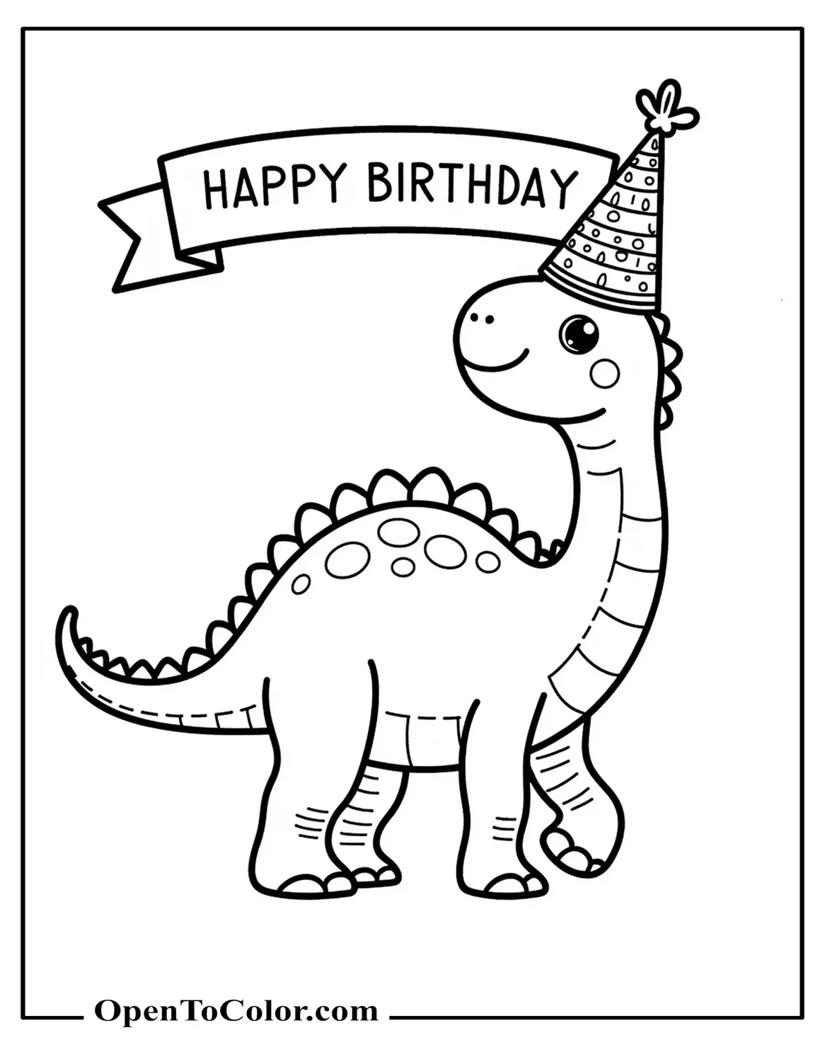 Brontosaurus with a party hat under a birthday banner coloring page PDF