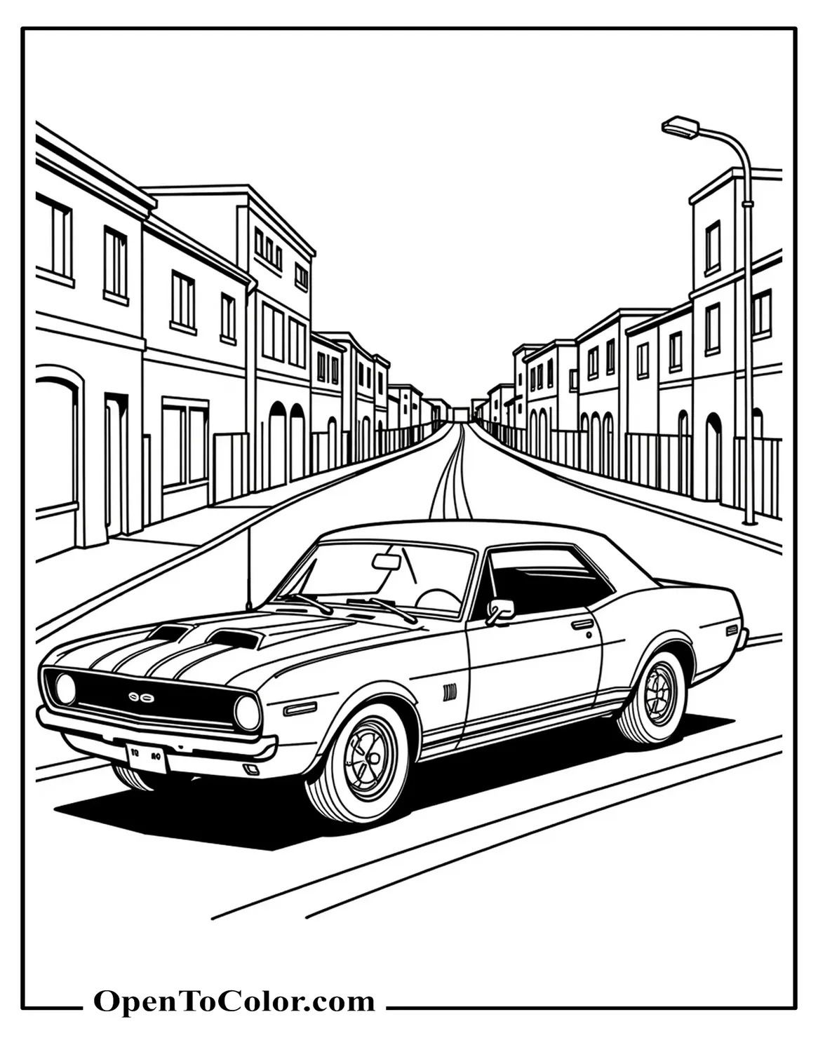 Free Coloring Page of Retro Muscle Coupe with Twin Stripes Parked on a Quiet City Street