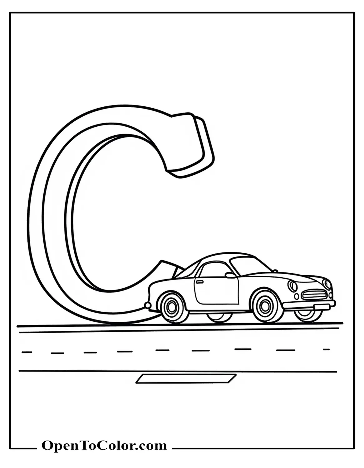 Free Coloring Sheet: Large Letter C Beside a Small Car on a Short Road Stripe
