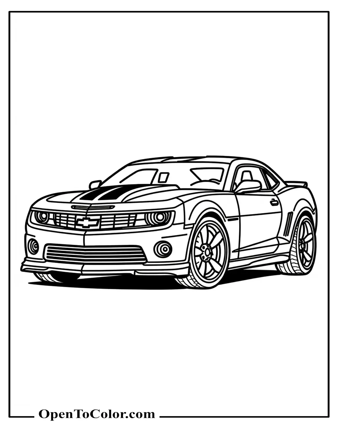 Printable Camaro muscle coupe coloring sheet front view with wide grille at a pit lane