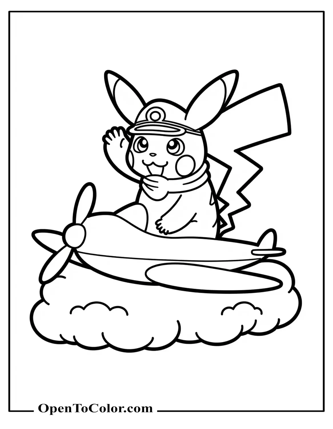 Captain Pikachu in pilot cap and scarf saluting on a cloud tiny plane silhouette coloring sheet PDF