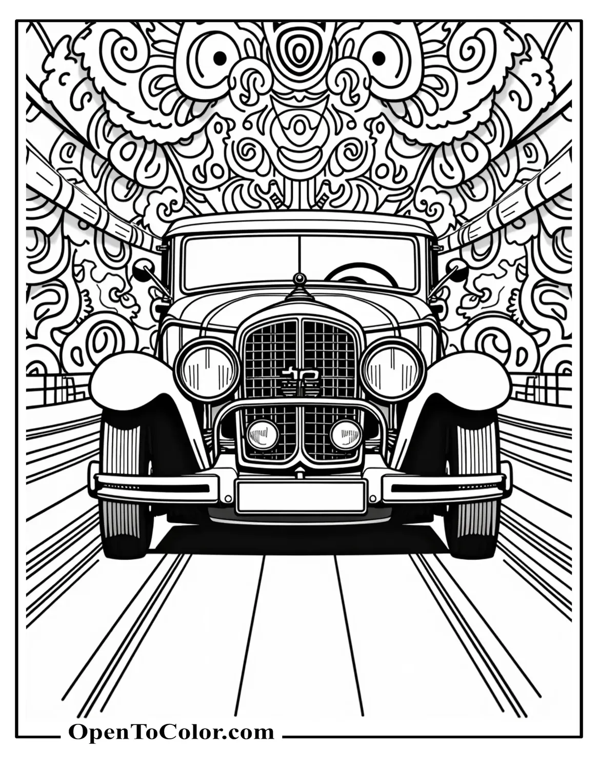 Free Coloring Sheet: Detailed Grand Tourer Front View Surrounded by Intricate Mechanical Patterns and Gears