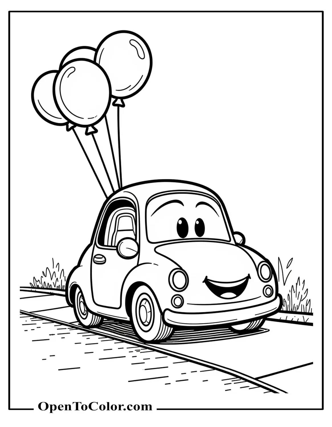 Disney Chibi style small car coloring sheet with smiling face and balloons tied to the antenna on a sidewalk, PDF.