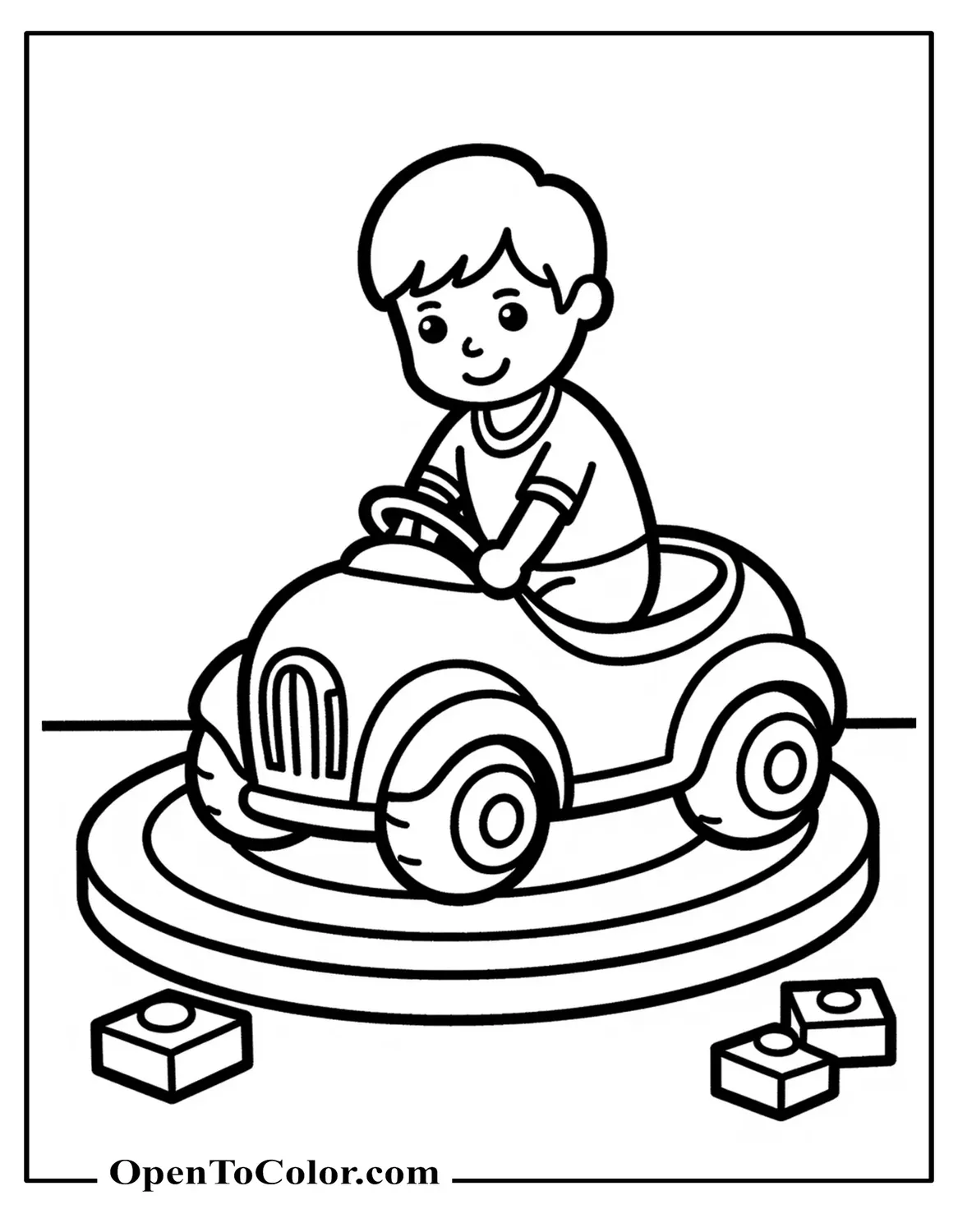 Printable Coloring Sheet of a Round Ride-On Toy Car with Oversized Buttons on a Playmat with Building Blocks